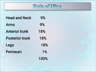 Head and Neck 9%
Arms 9%
Anterior trunk 18%
Posterior trunk 18%
Legs 18%
Perineum 1%
100%
 