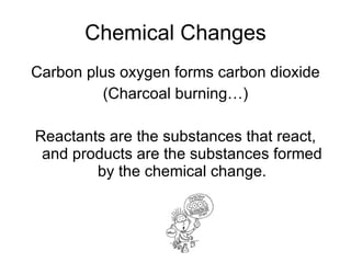 Chemical Changes Carbon plus oxygen forms carbon dioxide (Charcoal burning…) Reactants are the substances that react, and products are the substances formed by the chemical change. 