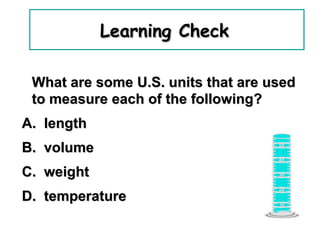 Learning Check   What are some U.S. units that are used to measure each of the following? A.  length  B.  volume  C.  weight D.  temperature 