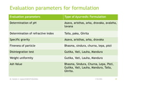 Evaluation parameters for formulation
13-02-2024
Mr. Kamlesh A. Kadam(SSGMCOP,BULDANA) 69
Evaluation parameters Type of Ayurvedic Formulation
Determination of pH Asava, aristhas, arka, dravaka, avaleha,
lavana
Determination of refractive index Taila, paka, Ghrita
Specific gravity Asava, aristhas, arka, dravaka
Fineness of particle Bhasma, sindura, churna, lepa, pisti
Disintegration test Gutika, Vati, Lauha, Mandura
Weight uniformity Gutika, Vati, Lauha, Mandura
Ash Value Bhasma, Sindura, Churna, Lepa, Pisti,
Gutika, Vati, Lauha, Mandura, Taila,
Ghrita.
 