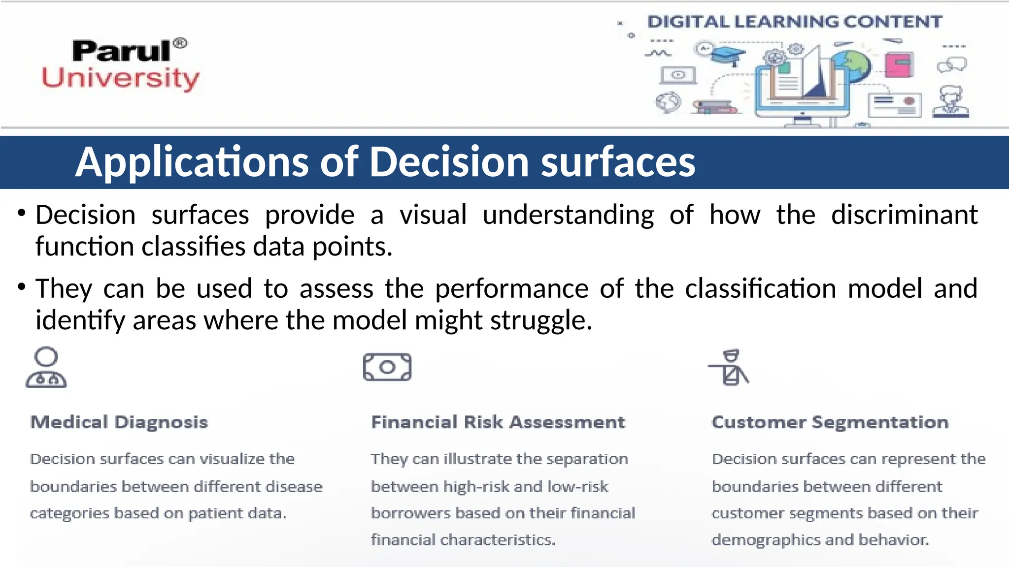 Applications of Decision surfaces
• Decision surfaces provide a visual understanding of how the discriminant
function classifies data points.
• They can be used to assess the performance of the classification model and
identify areas where the model might struggle.
 