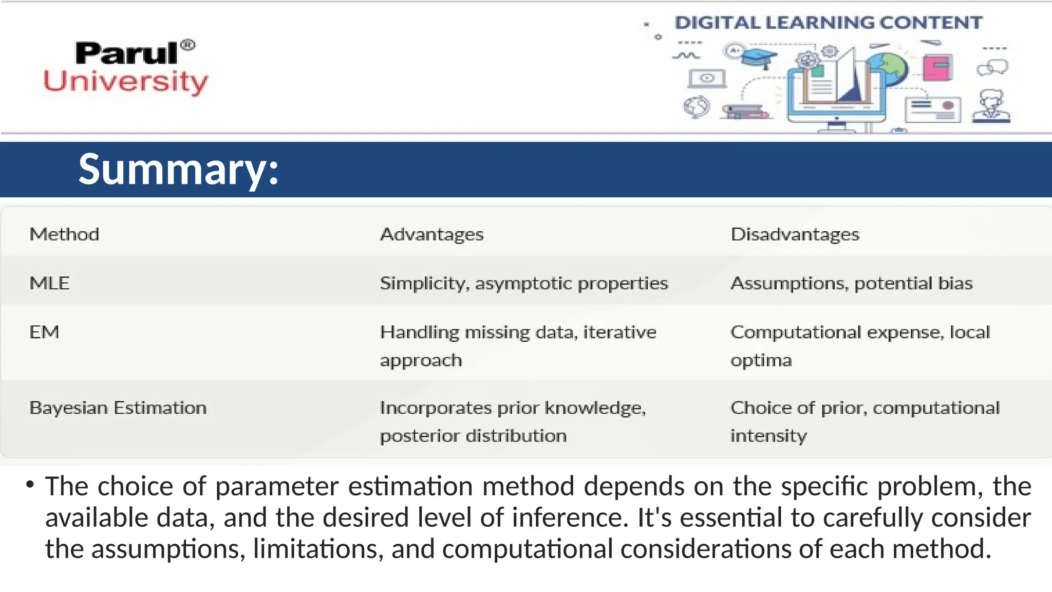 Summary:
• The choice of parameter estimation method depends on the specific problem, the
available data, and the desired level of inference. It's essential to carefully consider
the assumptions, limitations, and computational considerations of each method.
 