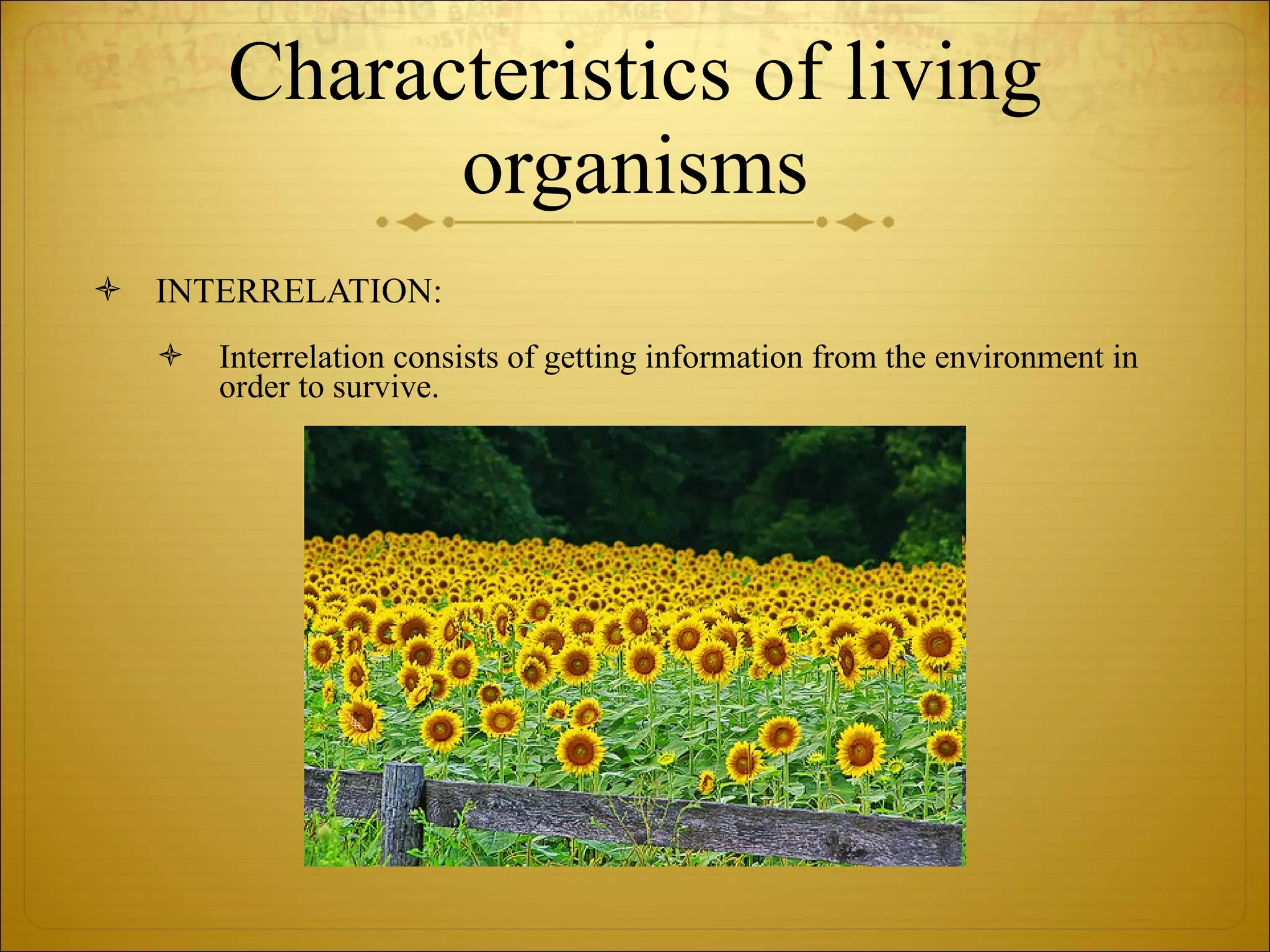 Characteristics of living organisms INTERRELATION: Interrelation consists of getting information from the environment in order to survive. 