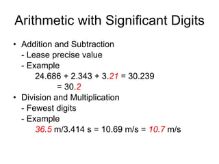Arithmetic with Significant Digits Addition and Subtraction - Lease precise value - Example 24.686 + 2.343 + 3. 21  = 30.239  = 30. 2 Division and Multiplication - Fewest digits - Example 36.5  m/3.414 s = 10.69 m/s =  10.7  m/s 