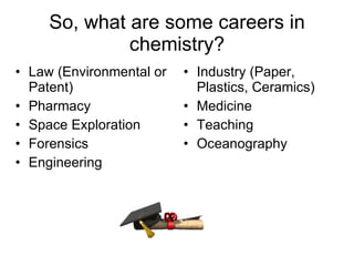 So, what are some careers in chemistry? Law (Environmental or Patent) Pharmacy Space Exploration Forensics Engineering Industry (Paper, Plastics, Ceramics) Medicine Teaching Oceanography 