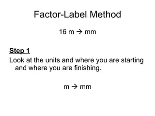 Factor-Label Method 16 m    mm Step 1 Look at the units and where you are starting and where you are finishing. m    mm 