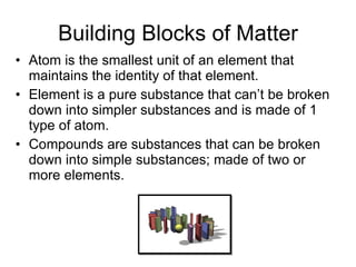 Building Blocks of Matter Atom is the smallest unit of an element that maintains the identity of that element. Element is a pure substance that can’t be broken down into simpler substances and is made of 1 type of atom. Compounds are substances that can be broken down into simple substances; made of two or more elements. 