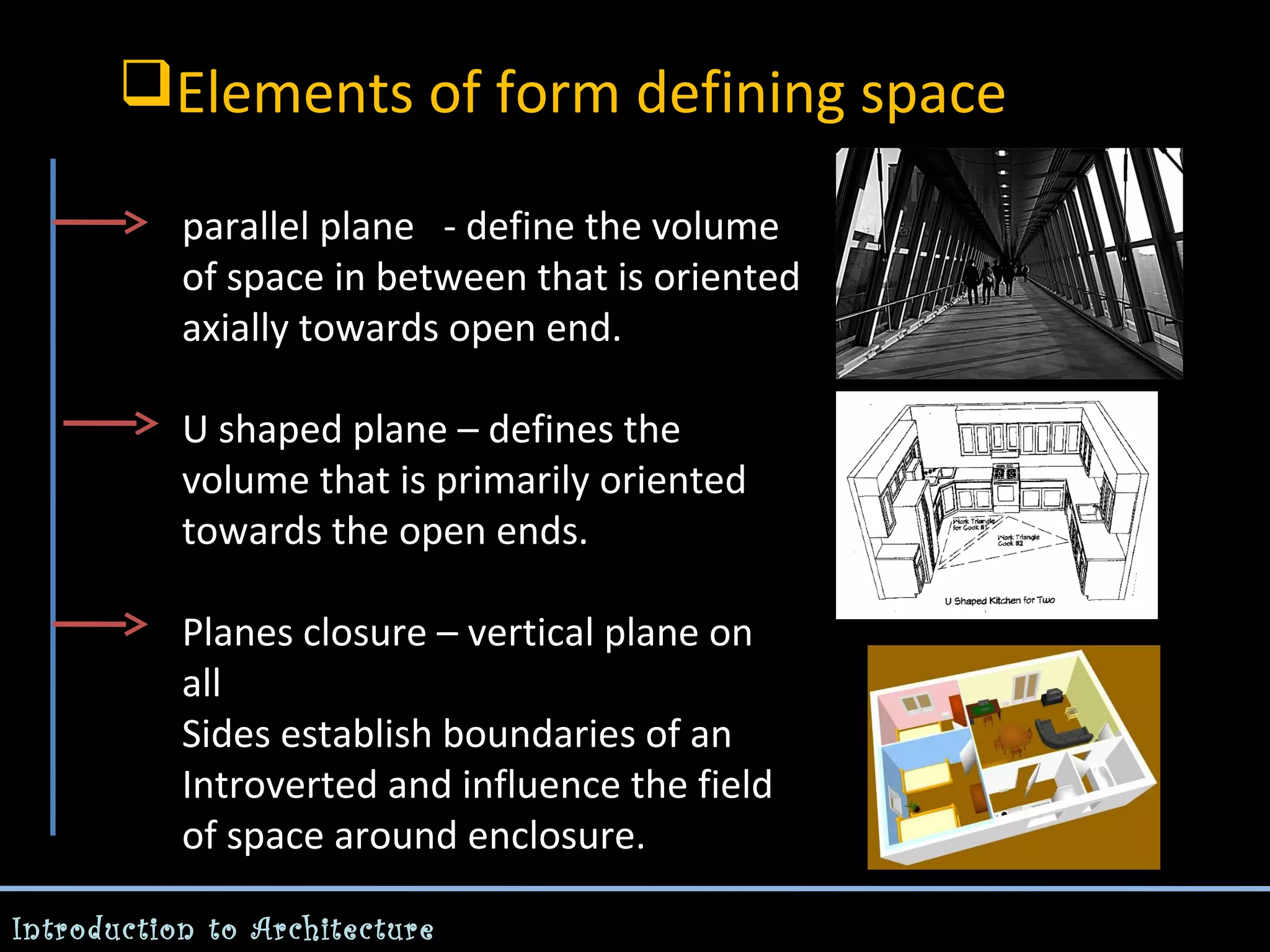Elements of form defining space
parallel plane - define the volume
of space in between that is oriented
axially towards open end.
U shaped plane – defines the
volume that is primarily oriented
towards the open ends.
Planes closure – vertical plane on
all
Sides establish boundaries of an
Introverted and influence the field
of space around enclosure.
Introduction to Architecture

 