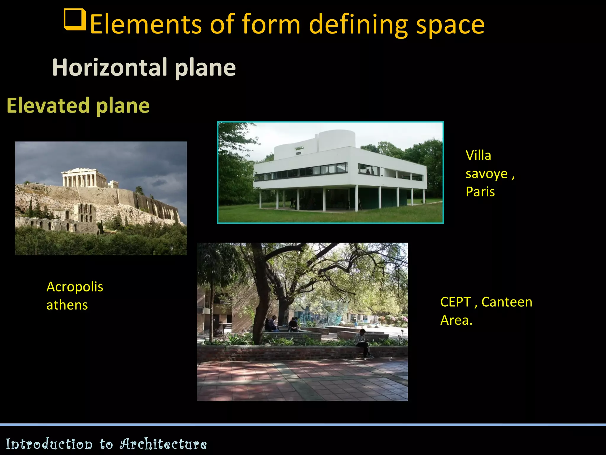 Elements of form defining space
Horizontal plane
Elevated plane
-

Villa
savoye ,
Paris

Acropolis
athens

Introduction to Architecture

CEPT , Canteen
Area.

 