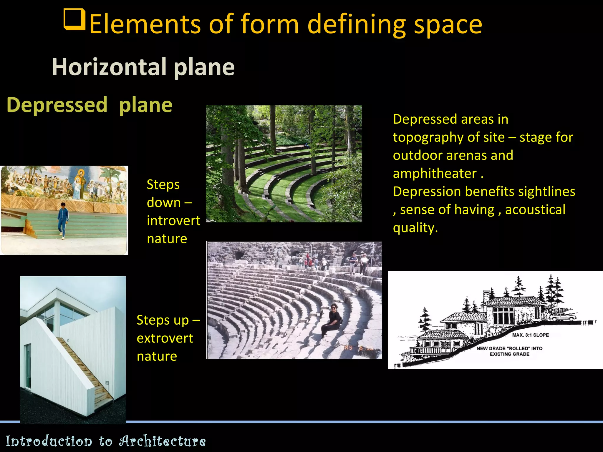 Elements of form defining space
Horizontal plane
Depressed plane
Steps
down –
introvert
nature

Steps up –
extrovert
nature

Introduction to Architecture

Depressed areas in
topography of site – stage for
outdoor arenas and
amphitheater .
Depression benefits sightlines
, sense of having , acoustical
quality.

 