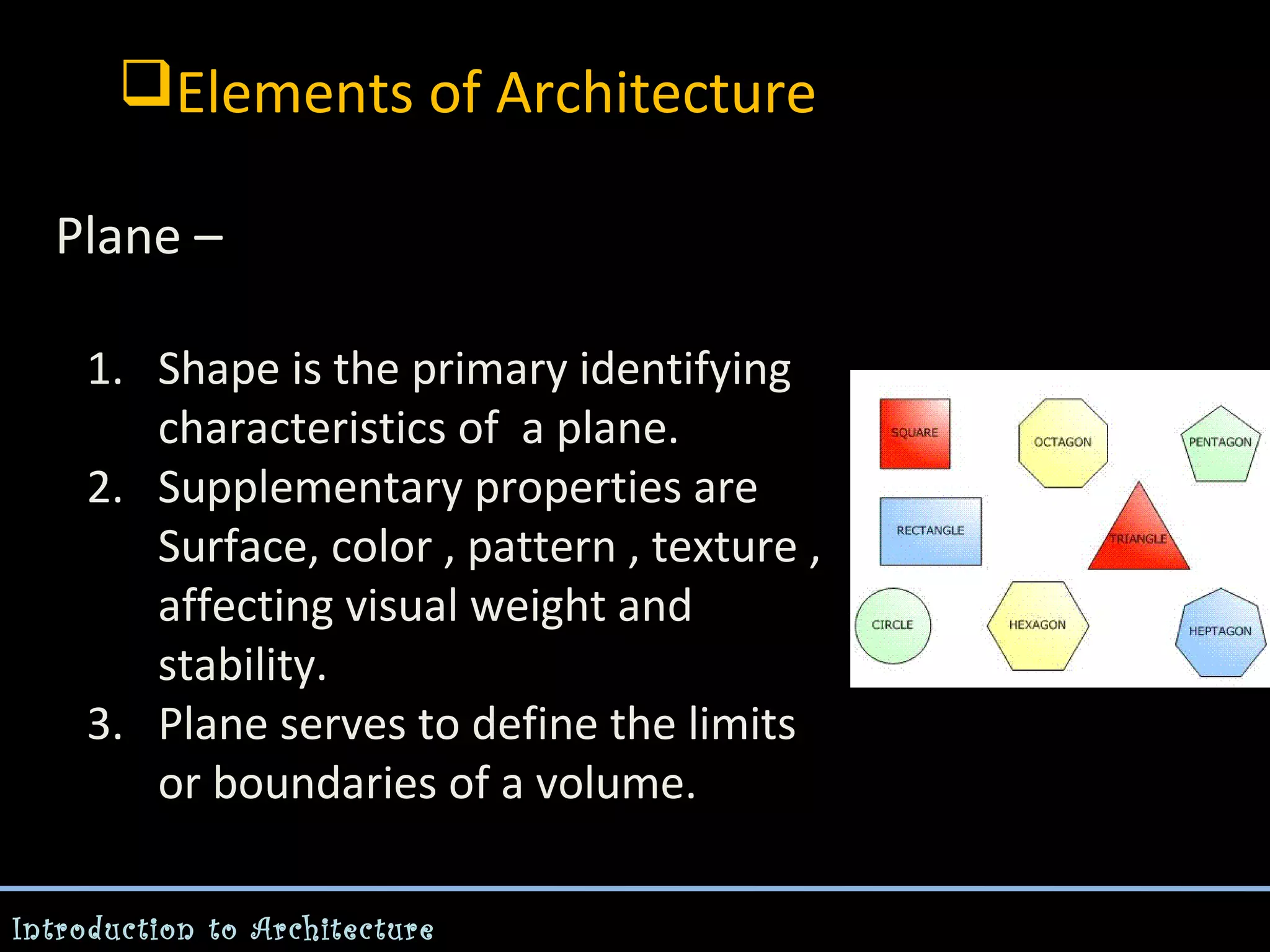 Elements of Architecture
Plane –
1. Shape is the primary identifying
characteristics of a plane.
2. Supplementary properties are
Surface, color , pattern , texture ,
affecting visual weight and
stability.
3. Plane serves to define the limits
or boundaries of a volume.
Introduction to Architecture

 