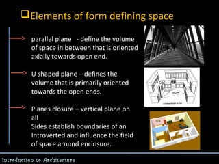 Elements of form defining space
parallel plane - define the volume
of space in between that is oriented
axially towards open end.
U shaped plane – defines the
volume that is primarily oriented
towards the open ends.
Planes closure – vertical plane on
all
Sides establish boundaries of an
Introverted and influence the field
of space around enclosure.
Introduction to Architecture

 