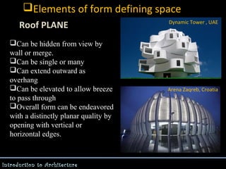 Elements of form defining space
Roof PLANE
Can be hidden from view by
wall or merge.
Can be single or many
Can extend outward as
overhang
Can be elevated to allow breeze
to pass through
Overall form can be endeavored
with a distinctly planar quality by
opening with vertical or
horizontal edges.

Introduction to Architecture

Dynamic Tower , UAE

Arena Zaqreb, Croatia

 