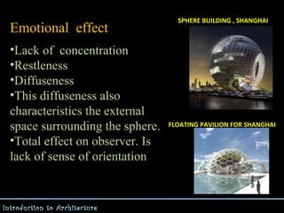 Emotional effect
•Lack of concentration
•Restleness
•Diffuseness
•This diffuseness also
characteristics the external
space surrounding the sphere.
•Total effect on observer. Is
lack of sense of orientation

Introduction to Architecture

SPHERE BUILDING , SHANGHAI

FLOATING PAVILION FOR SHANGHAI

 