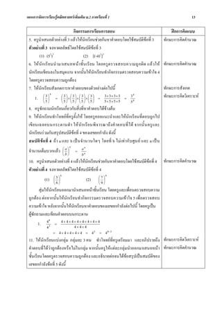 แผนการจัดการเรียนรูคณิตศาสตรเพิ่มเติม ม.2 ภาคเรียนที่ 1                                                    13

                               กิจกรรมการเรียนการสอน                                        ฝกการคิดแบบ
 5. ครูนําเสนอตัวอยางที่ 3 แลวใหนักเรียนชวยกันหาคําตอบโดยใชสมบัติขอที่ 3          ทักษะการคิดคํานวณ
 ตัวอยางที่ 3 จงหาผลลัพธโดยใชสมบัติขอที่ 3
        (1) (52)3                      (2) [(-4)3]3
 6. ให นั ก เรี ย นนํ ามาเสนอหน าชั้ น เรี ย น โดยครู ต รวจสอบความถู ก ผิ ด แล ว ให ทักษะการคิดคํานวณ
 นักเรียนเขียนลงในสมุดงาน จากนั้นใหนักเรียนทํากิจกรรมตรวจสอบความเขาใจ 4
 โดยครูตรวจสอบความถูกตอง
 7. ใหนกเรียนสังเกตการหาคําตอบของตัวอยางตอไปนี้
         ั                                                                              ทักษะการสังเกต
            ⎜ ⎟
                  4
     1. ⎛ 3 ⎞ = ⎛ 3 ⎞ × ⎛ 3 ⎞ × ⎛ 3 ⎞ × ⎛ 3 ⎞ = 3 × 3 × 3 × 3 = 3
                         ⎜ ⎟ ⎜ ⎟ ⎜ ⎟ ⎜ ⎟
                                                                   4
                                                                                        ทักษะการคิดวิเคราะห
            ⎝5⎠            ⎝5⎠ ⎝5⎠ ⎝5⎠ ⎝5⎠                       5× 5× 5× 5   54
 8. ครูซักถามนักเรียนเกี่ยวกับสิ่งที่หาคําตอบไดขางตน
 9. ใหนักเรียนทําโจทยที่ครูตั้งให โดยครูคอยแนะนําและใหนักเรียนที่ตอบถูกไป
 เขี ย นเฉลยบนกระดานดํ า ให นั ก เรี ย นพิ จ ารณาถึ ง คํ าตอบที่ ไ ด จากนั้ น ครู แ ละ
 นักเรียนรวมกันสรุปสมบัติขอที่ 4 ของเลขยกกําลัง ดังนี้
 สมบั ติ ข อ ที่ 4 ถ า a และ b เป น จํ านวนใดๆ โดยที่ b ไม เท ากั บ ศู น ย และ n เป น
                                     n
                               ⎛a⎞           an
 จํานวนเต็มบวกแลว             ⎜ ⎟       =
                               ⎝b⎠           bn
 10. ครูนําเสนอตัวอยางที่ 4 แลวใหนักเรียนชวยกันหาคําตอบโดยใชสมบัติขอที่ 4                ทักษะการคิดคํานวณ
 ตัวอยางที่ 4 จงหาผลลัพธโดยใชสมบัติขอที่ 4
                           6                                       4
                     ⎛5⎞                                     ⎛7⎞
            (1)      ⎜ ⎟                          (2)        ⎜ ⎟
                     ⎝6⎠                                     ⎝9⎠
        สุมใหนักเรียนออกมานําเสนอหนาชั้นเรียน โดยครูและเพื่อนตรวจสอบความ
 ถูกตอง ตอจากนั้นใหนักเรียนทํากิจกรรมตรวจสอบความเขาใจ 5 เพื่อตรวจสอบ
 ความเขาใจ หลังจากนั้นใหนักเรียนหาคําตอบของเลขยกกําลังตอไปนี้ โดยครูเปน
 ผูซักถามและเขียนคําตอบบนกระดาน
             48            4× 4× 4× 4× 4× 4× 4× 4
       1.        3
                     =
                                  4× 4×4
             4
                     =   4×4×4×4×4                =     45   =     4 8−3

 11. ใหนักเรียนแบงกลุม กลุมละ 3 คน ทําโจทยที่ครูเตรียมมา และอภิปรายถึง ทักษะการคิดวิเคราะห
 คําตอบที่ไดวาถูกตองหรือไมในกลุม จากนั้นครูใหแตละกลุมนําออกมาเสนอหนา ทักษะการคิดคํานวณ
 ชั้นเรียนโดยครูตรวจสอบความถูกตอง และอธิบายตอจนไดขอสรุปเปนสมบัติของ
 เลขยกกําลังขอที่ 5 ดังนี้
 