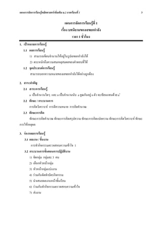 แผนการจัดการเรียนรูคณิตศาสตรเพิ่มเติม ม.2 ภาคเรียนที่ 1                                 3

                                           แผนการจัดการเรียนรูที่ 1
                                       เรื่อง บทนิยามของเลขยกกําลัง
                                                เวลา 1 ชั่วโมง
1. เปาหมายการเรียนรู
   1.1 ผลการเรียนรู
        1) สามารถเขียนจํานวนใหอยูในรูปเลขยกกําลังได
        2) ตระหนักถึงความสมเหตุสมผลของคําตอบที่ได
   1.2 จุดประสงคการเรียนรู
        สามารถบอกความหมายของเลขยกกําลังไดอยางถูกตอง

2. สาระสําคัญ
   2.1 สาระการเรียนรู
        a เปนจํานวนใดๆ และ n เปนจํานวนนับ a คูณกันอยู n ตัว จะเขียนแทนดวย an
   2.2 ทักษะ / กระบวนการ
        การคิดวิเคราะห การตีความหมาย การคิดคํานวณ
   2.3 ทักษะการคิด
        ทักษะการคิดคํานวณ ทักษะการคิดสรุปความ ทักษะการคิดแปลความ ทักษะการคิดวิเคราะห ทักษะ
การใหเหตุผล

3. รองรอยการเรียนรู
   3.1 ผลงาน / ชิ้นงาน
         การทํากิจกรรมตรวจสอบความเขาใจ 1
   3.2 กระบวนการขั้นตอนการปฏิบัติงาน
        1) จัดกลุม กลุมละ 3 คน
        2) เลือกหัวหนากลุม
        3) หัวหนากลุมแบงงาน
        4) รวมกันจัดทําบัตรกิจกรรม
        5) นําเสนอผลงานหนาชั้นเรียน
        6) รวมกันทํากิจกรรมตรวจสอบความเขาใจ
        7) สงงาน
 