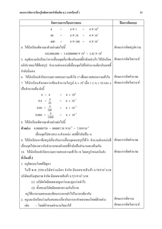 แผนการจัดการเรียนรูคณิตศาสตรเพิ่มเติม ม.2 ภาคเรียนที่ 1                                                      33

                            กิจกรรมการเรียนการสอน                                           ฝกการคิดแบบ
                           4       =        4 × 1 = 4 × 100
                           40      =        4 × 10 = 4 × 101
                           400 =            4 × 100 = 4 × 102
 4. ใหนักเรียนพิจารณาตัวอยางตอไปนี้                                                  ทักษะการคิดสรุปความ
                       342,000,000 = 3.42000000 × 108 = 3.42 × 108
 5. ครูซักถามนักเรียนวาการเลื่อนจุดเกี่ยวของกับเลขชี้กําลังอยางไร ใหนักเรียน        ทักษะการคิดวิเคราะห
 อภิปรายจนไดขอสรุป จํานวนตําแหนงที่เลื่อนจุดไปคือจํานวนเดียวกับเลขชี้
 กําลังนั่นเอง
 6. ใหนกเรียนทํากิจกรรมตรวจสอบความเขาใจ 17 เพื่อตรวจสอบความเขาใจ
           ั                                                                            ทักษะการคิดคํานวณ
 7. ให นั ก เรียนสังเกตการเขียนจํานวนในรูป A × 10n เมื่อ 1 ≤ A < 10 และ n              ทักษะการคิดวิเคราะห
 เปนจํานวนเต็ม ดังนี้
                    4 = 4          = 4 × 100
                  0.4 = 104
                                  = 4 × 10- 1
                0.04 =      4
                          100
                                      = 4     ×   10- 2
              0.004 =        4
                          1,000
                                      = 4     ×   10- 3
 8. ใหนักเรียนพิจารณาตัวอยางตอไปนี้
 ตัวอยาง 0.00000758 = 000007.58 ×10- 6 = 7.58×10- 6
                เลื่อนจุดไปทางขวา 6 ตําแหนง เลขชี้กําลังเปน -6
 9. ใหนักเรียนหาขอสรุปเกี่ยวกับการเลื่อนจุดจนสรุปไดวา จํานวนตําแหนงที่             ทักษะการคิดคํานวณ
 เลื่อนจุดไปทางขวากับจํานวนของตัวเลขชี้กําลังเปนจํานวนตรงขามกัน
 10. ใหนกเรียนทํากิจกรรมตรวจสอบความเขาใจ 18 โดยครูกําหนดวันสง
             ั                                                                          ทักษะการคิดคํานวณ
 ชั่วโมงที่ 2
 1. ครูติดแถบโจทยปญหา
      ในป พ.ศ. 2550 บริ ษั ท ร ว มมิ ต ร จํ า กั ด มี ย อดขายสิ น ค า 6.78×107 บาท
 บริษัทเสริมสุขภาพ จํากัด มียอดขายสินคา 8.521×106 บาท
            (1) บริษัทใดมียอดขายสูงกวาและสูงกวาเทาไร
            (2) ทั้งสองบริษัทมียอดขายรวมกันกี่บาท
       ครูใชการถามตอบและเขียนกระดานดําไปในเวลาเดียวกัน
 2. ครูและนักเรียนรวมกันสนทนาเกี่ยวกับการหาคําตอบของโจทยตัวอยาง                      ทักษะการตีความ
      เชน - โจทยกําหนดจํานวนใดมาให                                                   ทักษะการคิดวิเคราะห
 