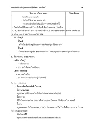 แผนการจัดการเรียนรูคณิตศาสตรเพิ่มเติม ม.2 ภาคเรียนที่ 1                                    34

                            กิจกรรมการเรียนการสอน                            ฝกการคิดแบบ
               - โจทยตองการทราบอะไร
               - นักเรียนมีวิธีการหาคําตอบอยางไร
               - ครูและนักเรียนชวยกันสรุปวิธีการหาคําตอบของโจทยนี้
 3. ใหนักเรียนไปศึกษาโจทยอื่นในหนังสือแลวนํากลับมาเสนอหนาชั้นเรียน
 4. ครูใหนักเรียนทํากิจกรรมตรวจสอบความเขาใจ 20 และแบบฝกหัดเปน ทักษะการคิดคํานวณ
 การบาน โดยครูกําหนดวันและเวลาในการสง
   5.3 ขั้นสรุป
         ชั่วโมงที่ 1
          ใหนักเรียนชวยกันสรุปลักษณะของการเขียนสัญกรณวิทยาศาสตร
         ชั่วโมงที่ 2
         ใหนักเรียนชวยกันสรุปขั้นวิธการหาคําตอบของโจทยปญหาและการเขียนสัญกรณวทยาศาสตร
                                       ี                                         ิ

6. สื่อการเรียนรู / แหลงการเรียนรู
   6.1 สื่อการเรียนรู
        - หนังสือเรียนแม็ค
        - กระดาษแข็งติดแทบโจทยปญหา
   6.2 แหลงการเรียนรู
        - หองสมุดโรงเรียน
        - หองสมุดกลุมสาระการเรียนรูคณิตศาสตร

7. กิจกรรมเสนอแนะ
   7.1 กิจกรรมสงเสริมการคิดเชิงวิเคราะห
         ขั้นรวบรวมขอมูล
         ครูมอบหมายใหนักเรียนคนควาเกี่ยวกับตัวเลขในตลาดหลักทรัพย
         ขั้นวิเคราะห
         ใหนักเรียนแตละคนวิเคราะหแลวเขียนจํานวนเหลานั้นออกมาเปนสัญกรณวิทยาศาสตร
         ขั้นสรุป
         ครูตรวจผลงานนักเรียนแตละคน พรอมใหขอเสนอแนะแลวใหหัวหนาหองรวบรวมงานทั้งหมด
จัดทําเปนรูปเลมรายงาน
         ขั้นประยุกตใช
         ครูใหนักเรียนชวยกันเลือกขอที่นาสนใจแลวนําเสนอหนาชั้นเรียน
 