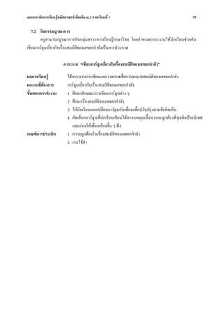 แผนการจัดการเรียนรูคณิตศาสตรเพิ่มเติม ม.2 ภาคเรียนที่ 1                                            35

   7.2 กิจกรรมบูรณาการ
        ครูสามารถบูรณาการกับกลุมสาระการเรียนรูภาษาไทย โดยกําหนดภาระงานใหนักเรียนชวยกัน
เขียนการตนเกี่ยวกับเรื่องสมบัติของเลขยกกําลังเปนการประกวด
          ู

                        ภาระงาน “เขียนการตูนเกี่ยวกับเรื่องสมบัติของเลขยกกําลัง”

ผลการเรียนรู              ใชกระบวนการเขียนและวาดภาพสื่อความหมายสมบัติของเลขยกกําลัง
ผลงานที่ตองการ            การตูนเกี่ยวกับเรื่องสมบัติของเลขยกกําลัง
ขั้นตอนการทํางาน           1. ศึกษาลักษณะการเขียนการตูนตาง ๆ
                           2. ศึกษาเรื่องสมบัติของเลขยกกําลัง
                           3. ใหนักเรียนแลกเปลี่ยนการตูนกับเพื่อนเพื่อปรับปรุงตามขอคิดเห็น
                           4. คัดเลือกการตูนที่นักเรียนเขียนไดครอบคลุมเนื้อหาและถูกตองที่สุดติดปายนิเทศ
                              และอานใหเพื่อนหองอื่น ๆ ฟง
เกณฑการประเมิน            1. ความถูกตองในเรื่องสมบัติของเลขยกกําลัง
                           2. การใชคํา
 