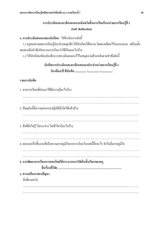 แผนการจัดการเรียนรูคณิตศาสตรเพิ่มเติม ม.2 ภาคเรียนที่ 1                                                                                                 38

                             การประเมินและสะทอนตนเองหลังเสร็จสิ้นการเรียนในหนวยการเรียนรูที่ 1
                                                (Self Reflection)

1. การประเมินตนเองของนักเรียน ใหดําเนินการดังนี้
   1.1 ครูทบทวนผลการเรียนรูประจําบททุกขอ ใหนักเรียนไดทราบ โดยอาจเขียนไวบนกระดาน พรอมทั้ง
ทบทวนถึงหัวขอกิจกรรมการเรียนวาไดเรียนอะไรบาง
   1.2 ใหนักเรียนเขียนบันทึกการประเมินตนเองไวในสมุดงานดานหลังตามหัวขอดังนี้

                               บันทึกการประเมินและสะทอนตนเองประจําหนวยการเรียนรูที่ 1
                                    วัน/เดือน/ป ที่บันทึก ................ /................ /................

รายการบันทึก

1. จากการเรียนที่ผานมาไดมีความรูอะไรบาง
   ..……………………………………………………………………….……………………………….
   ..……………………………………………………………………….……………………………….
2. ปจจุบันนี้มีความสามารถปฏิบัติสิ่งใดไดแลวบาง
   ..……………………………………………………………………….……………………………….
   ..……………………………………………………………………….……………………………….
3. สิ่งที่ยังไมรู ไมกระจาง ไมเขาใจ มีอะไรบาง
   ..……………………………………………………………………….………………………………..
   ..……………………………………………………………………….………………………………..
4. ผลงานหรือชิ้นงานที่เนนความภาคภูมิใจจากการเรียนในบทนี้คออะไร ทําไมจึงภาคภูมิใจ                      ื
   ..……………………………………………………………………….………………………………..
   ..……………………………………………………………………….………………………………..
2. การพัฒนาการเรียนการสอนโดยใชกระบวนการวิจัยในชั้นเรียนของครู
                             ชื่อเรื่องที่วิจัย …………………………………………………………
1. ความเปนมาของปญหา
   สิ่งที่คาดหวัง
   ................................................................................................................................................…………
   ..……………………………………………………………………….……………………………….
 