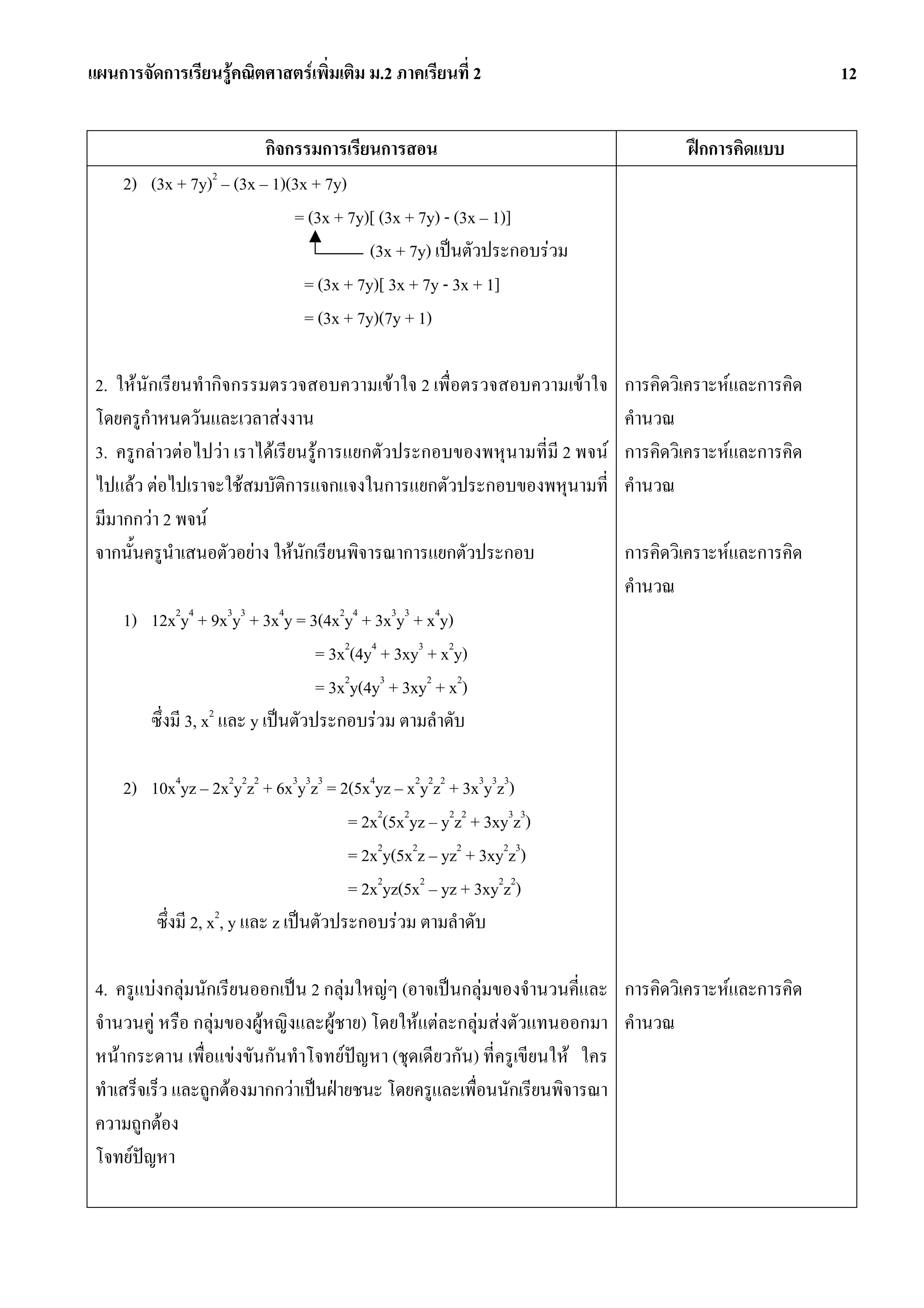แผนการจัดการเรียนรูคณิตศาสตรเพิ่มเติม ม.2 ภาคเรียนที่ 2                                            12


                          กิจกรรมการเรียนการสอน                                   ฝกการคิดแบบ
     2) (3x + 7y)2 – (3x – 1)(3x + 7y)
                              = (3x + 7y)[ (3x + 7y) - (3x – 1)]
                                          (3x + 7y) เปนตัวประกอบรวม
                                = (3x + 7y)[ 3x + 7y - 3x + 1]
                                = (3x + 7y)(7y + 1)

 2. ใหนักเรียนทํากิจกรรมตรวจสอบความเขาใจ 2 เพื่อตรวจสอบความเขาใจ       การคิดวิเคราะหและการคิด
 โดยครูกําหนดวันและเวลาสงงาน                                             คํานวณ
 3. ครูกลาวตอไปวา เราไดเรียนรูการแยกตัวประกอบของพหุนามที่มี 2 พจน   การคิดวิเคราะหและการคิด
 ไปแลว ตอไปเราจะใชสมบัติการแจกแจงในการแยกตัวประกอบของพหุนามที่         คํานวณ
 มีมากกวา 2 พจน
 จากนั้นครูนําเสนอตัวอยาง ใหนกเรียนพิจารณาการแยกตัวประกอบ
                                ั                                         การคิดวิเคราะหและการคิด
                                                                          คํานวณ
     1) 12x2y4 + 9x3y3 + 3x4y = 3(4x2y4 + 3x3y3 + x4y)
                                   = 3x2(4y4 + 3xy3 + x2y)
                                   = 3x2y(4y3 + 3xy2 + x2)
        ซึ่งมี 3, x2 และ y เปนตัวประกอบรวม ตามลําดับ

     2) 10x4yz – 2x2y2z2 + 6x3y3z3 = 2(5x4yz – x2y2z2 + 3x3y3z3)
                                        = 2x2(5x2yz – y2z2 + 3xy3z3)
                                        = 2x2y(5x2z – yz2 + 3xy2z3)
                                        = 2x2yz(5x2 – yz + 3xy2z2)
         ซึ่งมี 2, x2, y และ z เปนตัวประกอบรวม ตามลําดับ

 4. ครูแบงกลุมนักเรียนออกเปน 2 กลุมใหญๆ (อาจเปนกลุมของจํานวนคี่และ การคิดวิเคราะหและการคิด
 จํานวนคู หรือ กลุมของผูหญิงและผูชาย) โดยใหแตละกลุมสงตัวแทนออกมา คํานวณ
 หนากระดาน เพื่อแขงขันกันทําโจทยปญหา (ชุดเดียวกัน) ที่ครูเขียนให ใคร
 ทําเสร็จเร็ว และถูกตองมากกวาเปนฝายชนะ โดยครูและเพื่อนนักเรียนพิจารณา
 ความถูกตอง
 โจทยปญหา
 