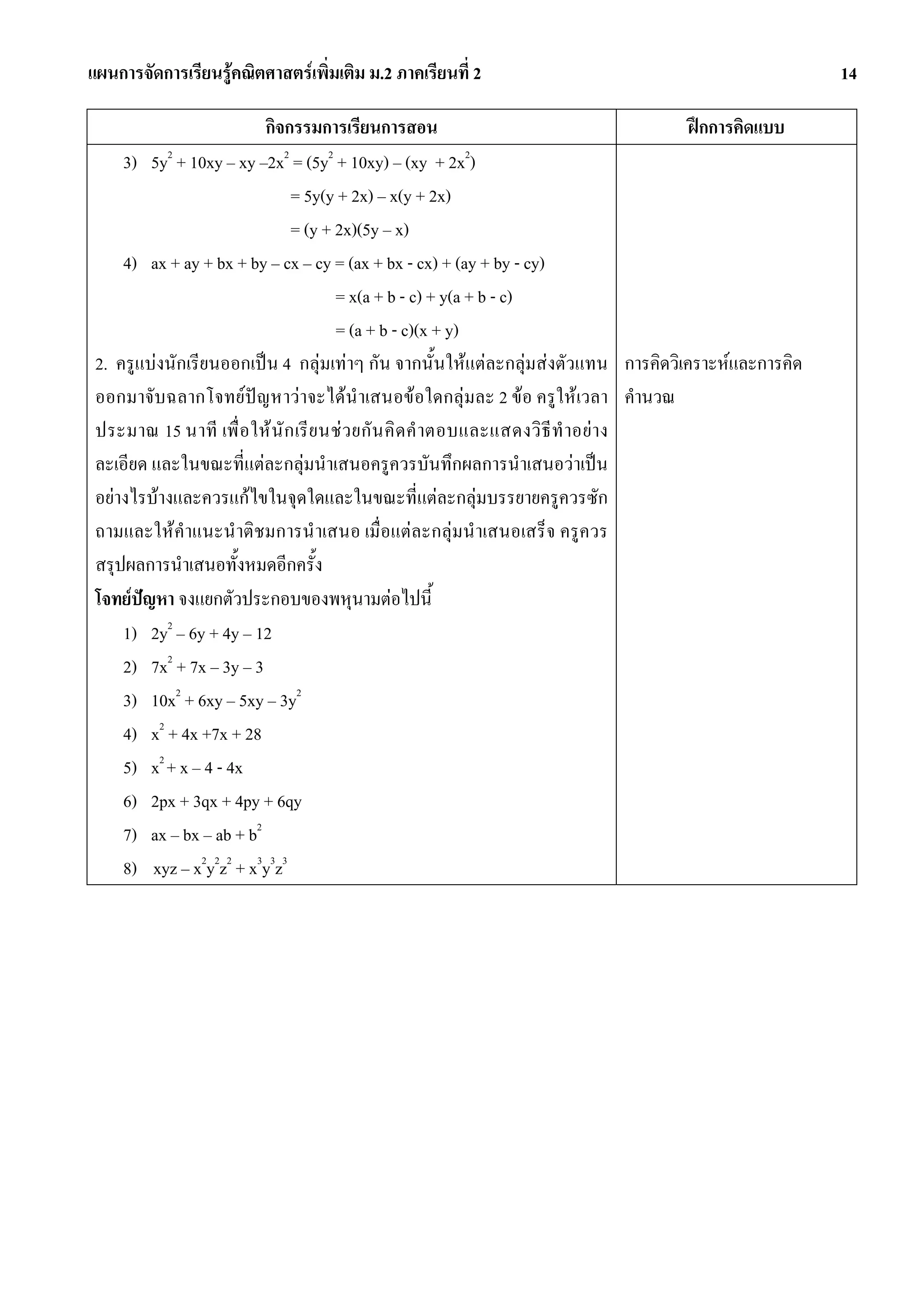 แผนการจัดการเรียนรูคณิตศาสตรเพิ่มเติม ม.2 ภาคเรียนที่ 2                                            14

                          กิจกรรมการเรียนการสอน                                       ฝกการคิดแบบ
     3) 5y2 + 10xy – xy –2x2 = (5y2 + 10xy) – (xy + 2x2)
                               = 5y(y + 2x) – x(y + 2x)
                               = (y + 2x)(5y – x)
     4) ax + ay + bx + by – cx – cy = (ax + bx - cx) + (ay + by - cy)
                                       = x(a + b - c) + y(a + b - c)
                                       = (a + b - c)(x + y)
 2. ครูแบงนักเรียนออกเปน 4 กลุมเทาๆ กัน จากนั้นใหแตละกลุมสงตัวแทน การคิดวิเคราะหและการคิด
 ออกมาจับฉลากโจทยปญหาวาจะไดนําเสนอขอใดกลุมละ 2 ขอ ครูใหเวลา คํานวณ
 ประมาณ 15 นาที เพื่ อ ให นั ก เรี ย นช ว ยกั น คิ ด คํ าตอบและแสดงวิ ธี ทํ าอย าง
 ละเอียด และในขณะที่แตละกลุมนําเสนอครูควรบันทึกผลการนําเสนอวาเปน
 อยางไรบางและควรแกไขในจุดใดและในขณะที่แตละกลุมบรรยายครูควรซัก
 ถามและใหคําแนะนําติชมการนํ าเสนอ เมื่อแตละกลุมนําเสนอเสร็จ ครูควร
 สรุปผลการนําเสนอทั้งหมดอีกครั้ง
 โจทยปญหา จงแยกตัวประกอบของพหุนามตอไปนี้
     1) 2y2 – 6y + 4y – 12
     2) 7x2 + 7x – 3y – 3
     3) 10x2 + 6xy – 5xy – 3y2
     4) x2 + 4x +7x + 28
     5) x2 + x – 4 - 4x
     6) 2px + 3qx + 4py + 6qy
     7) ax – bx – ab + b2
     8) xyz – x2y2z2 + x3y3z3
 