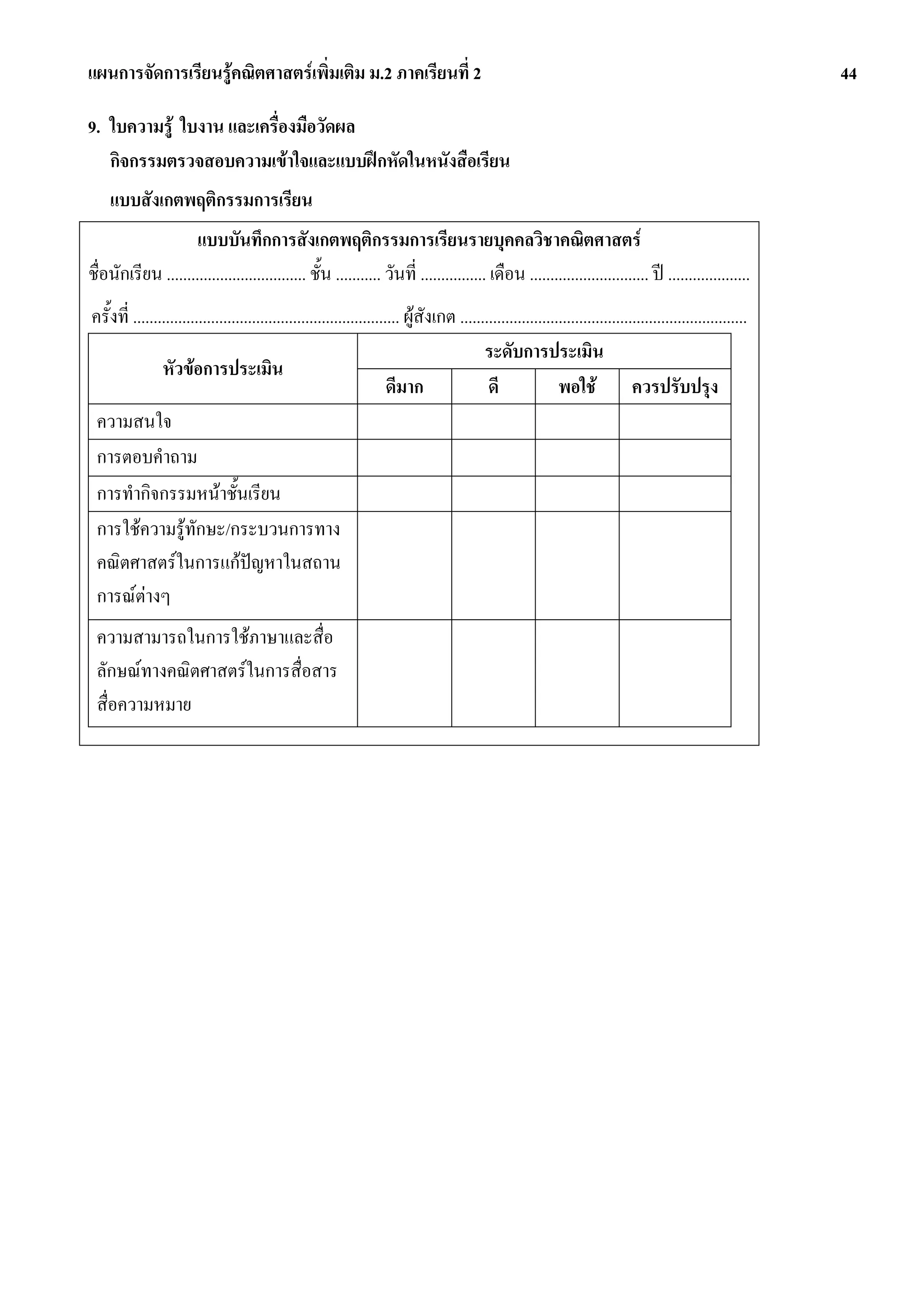 แผนการจัดการเรียนรูคณิตศาสตรเพิ่มเติม ม.2 ภาคเรียนที่ 2                                                                                                     44

9. ใบความรู ใบงาน และเครื่องมือวัดผล
   กิจกรรมตรวจสอบความเขาใจและแบบฝกหัดในหนังสือเรียน
    แบบสังเกตพฤติกรรมการเรียน
                     แบบบันทึกการสังเกตพฤติกรรมการเรียนรายบุคคลวิชาคณิตศาสตร
ชื่อนักเรียน .................................. ชั้น ........... วันที่ ................ เดือน ............................. ป ....................
ครั้งที่ ................................................................. ผูสังเกต ......................................................................
                                                                                           ระดับการประเมิน
                หัวขอการประเมิน
                                                                       ดีมาก                ดี               พอใช ควรปรับปรุง
 ความสนใจ
 การตอบคําถาม
 การทํากิจกรรมหนาชั้นเรียน
 การใชความรูทักษะ/กระบวนการทาง
 คณิตศาสตรในการแกปญหาในสถาน
 การณตางๆ
 ความสามารถในการใชภาษาและสื่อ
 ลักษณทางคณิตศาสตรในการสื่อสาร
 สื่อความหมาย
 