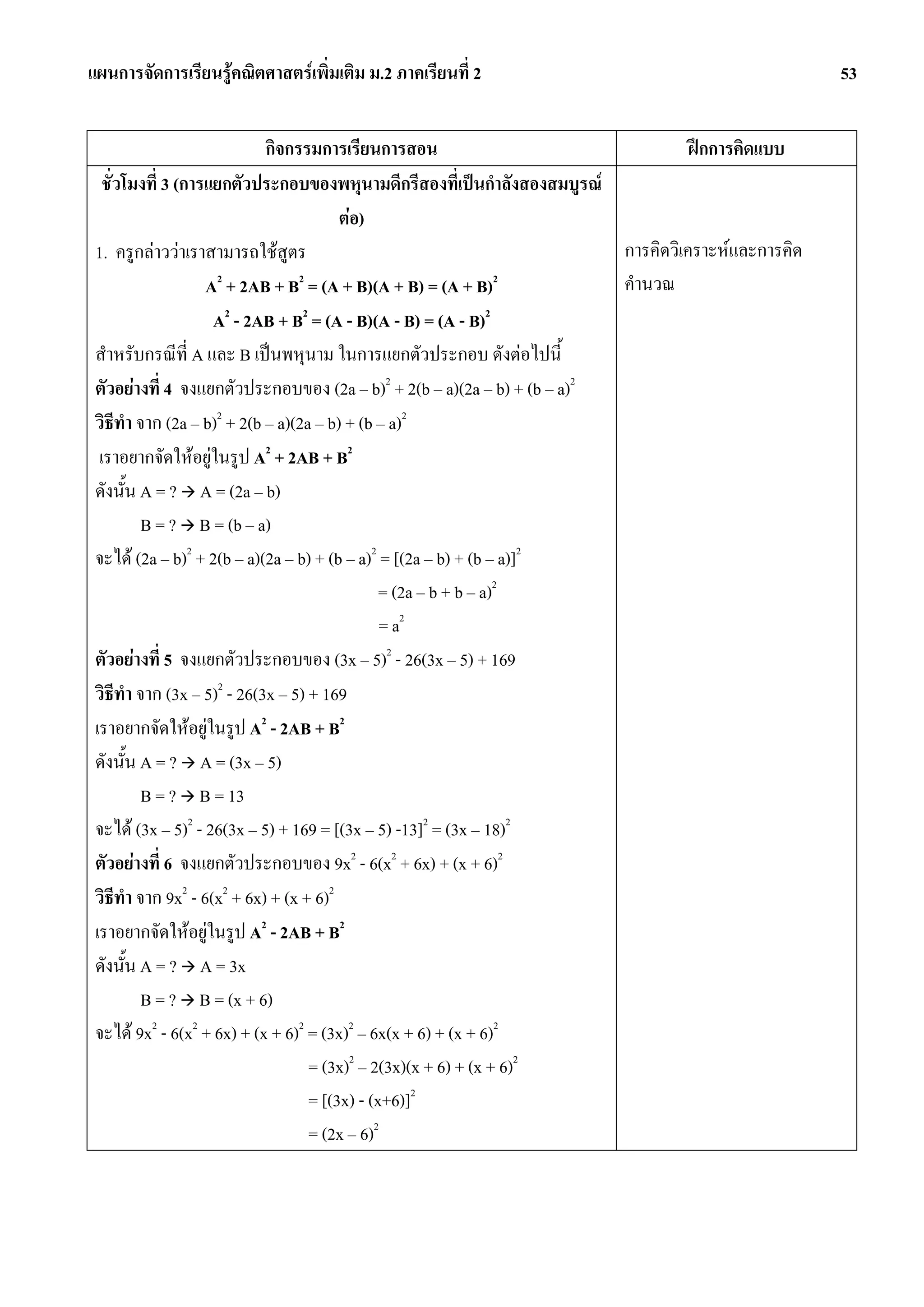 แผนการจัดการเรียนรูคณิตศาสตรเพิ่มเติม ม.2 ภาคเรียนที่ 2                                           53


                             กิจกรรมการเรียนการสอน                                 ฝกการคิดแบบ
   ชั่วโมงที่ 3 (การแยกตัวประกอบของพหุนามดีกรีสองที่เปนกําลังสองสมบูรณ
                                         ตอ)
 1. ครูกลาววาเราสามารถใชสูตร                                          การคิดวิเคราะหและการคิด
                    A2 + 2AB + B2 = (A + B)(A + B) = (A + B)2            คํานวณ
                     A2 - 2AB + B2 = (A - B)(A - B) = (A - B)2
 สําหรับกรณีที่ A และ B เปนพหุนาม ในการแยกตัวประกอบ ดังตอไปนี้
 ตัวอยางที่ 4 จงแยกตัวประกอบของ (2a – b)2 + 2(b – a)(2a – b) + (b – a)2
 วิธีทา จาก (2a – b)2 + 2(b – a)(2a – b) + (b – a)2
        ํ
  เราอยากจัดใหอยูในรูป A2 + 2AB + B2
 ดังนั้น A = ? A = (2a – b)
          B = ? B = (b – a)
 จะได (2a – b)2 + 2(b – a)(2a – b) + (b – a)2 = [(2a – b) + (b – a)]2
                                                = (2a – b + b – a)2
                                                = a2
 ตัวอยางที่ 5 จงแยกตัวประกอบของ (3x – 5)2 - 26(3x – 5) + 169
 วิธทํา จาก (3x – 5)2 - 26(3x – 5) + 169
      ี
 เราอยากจัดใหอยูในรูป A2 - 2AB + B2
 ดังนั้น A = ? A = (3x – 5)
          B = ? B = 13
 จะได (3x – 5)2 - 26(3x – 5) + 169 = [(3x – 5) -13]2 = (3x – 18)2
 ตัวอยางที่ 6 จงแยกตัวประกอบของ 9x2 - 6(x2 + 6x) + (x + 6)2
 วิธีทํา จาก 9x2 - 6(x2 + 6x) + (x + 6)2
 เราอยากจัดใหอยูในรูป A2 - 2AB + B2
 ดังนั้น A = ? A = 3x
          B = ? B = (x + 6)
 จะได 9x2 - 6(x2 + 6x) + (x + 6)2 = (3x)2 – 6x(x + 6) + (x + 6)2
                                    = (3x)2 – 2(3x)(x + 6) + (x + 6)2
                                    = [(3x) - (x+6)]2
                                    = (2x – 6)2
 