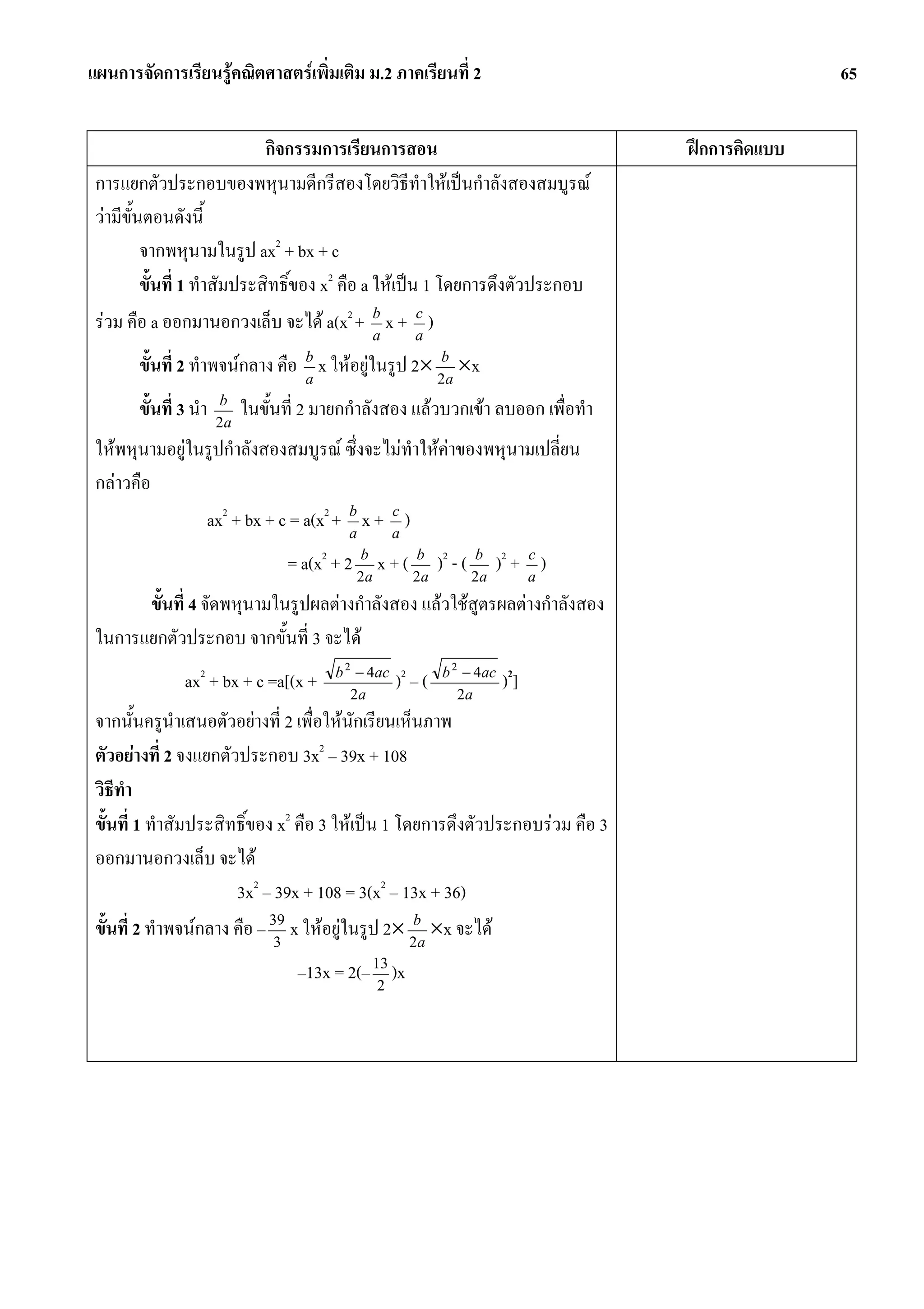 แผนการจัดการเรียนรูคณิตศาสตรเพิ่มเติม ม.2 ภาคเรียนที่ 2                                         65


                              กิจกรรมการเรียนการสอน                                ฝกการคิดแบบ
 การแยกตัวประกอบของพหุนามดีกรีสองโดยวิธีทําใหเปนกําลังสองสมบูรณ
 วามีขั้นตอนดังนี้
          จากพหุนามในรูป ax2 + bx + c
          ขั้นที่ 1 ทําสัมประสิทธิ์ของ x2 คือ a ใหเปน 1 โดยการดึงตัวประกอบ
 รวม คือ a ออกมานอกวงเล็บ จะได a(x2 + b x + a )
                                                a
                                                       c


       ขั้นที่ 2 ทําพจนกลาง คือ b x ใหอยูในรูป 2× 2ba ×x
                                 a

       ขั้นที่ 3 นํา   b
                       2a
                            ในขั้นที่ 2 มายกกําลังสอง แลวบวกเขา ลบออก เพื่อทํา
 ใหพหุนามอยูในรูปกําลังสองสมบูรณ ซึ่งจะไมทําใหคาของพหุนามเปลี่ยน
 กลาวคือ
                ax2 + bx + c = a(x2 + b x + a )
                                      a
                                            c


                                  = a(x2 + 2 2ba x + ( 2ba )2 - ( 2ba )2 + a )
                                                                           c


       ขั้นที่ 4 จัดพหุนามในรูปผลตางกําลังสอง แลวใชสูตรผลตางกําลังสอง
 ในการแยกตัวประกอบ จากขั้นที่ 3 จะได
                                          b 2 − 4ac 2       b 2 − 4ac 2
               ax2 + bx + c =a[(x +          2a
                                                    ) –(       2a
                                                                      )]
 จากนั้นครูนาเสนอตัวอยางที่ 2 เพื่อใหนักเรียนเห็นภาพ
               ํ
 ตัวอยางที่ 2 จงแยกตัวประกอบ 3x2 – 39x + 108
 วิธทํา
     ี
 ขั้นที่ 1 ทําสัมประสิทธิ์ของ x2 คือ 3 ใหเปน 1 โดยการดึงตัวประกอบรวม คือ 3
 ออกมานอกวงเล็บ จะได
                       3x2 – 39x + 108 = 3(x2 – 13x + 36)
 ขั้นที่ 2 ทําพจนกลาง คือ – 39 x ใหอยูในรูป 2× 2ba ×x จะได
                              3

                                    –13x = 2(– 13 )x
                                                2
 