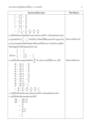 แผนการจัดการเรียนรูคณิตศาสตรพื้นฐาน ม.1 ภาคเรียนที่ 2                                                 12

                               กิจกรรมการเรียนการสอน                                 ฝกการคิดแบบ
          3 = 3 × 4 = 12
          7 7 × 4 28
          3 = 3 × 5 = 15
          7 7 × 5 35
          3 = 3 × 6 = 18
          7 7 × 6 42
         ∴ 3 = 6 = 9 = 12 = 15 = 18
                   7 14 21 28 35 42
8. ครูใหนกเรียนแบงกลุมทํากิจกรรมตรวจสอบความเขาใจ 1 แลวเฉลยคําตอบรวมกัน
           ั
9. ครูถามนักเรียนวา 4 = 2 จริงหรือไม นักเรียนมีวิธีพิจารณาอยางไร ครูแนะนําวา ทักษะการคิดวิเคราะห
                        8 4
เราสามารถหาเศษสวนที่เทากับเศษสวนที่กําหนดใหโดยการหาร โดยนําจํานวนเต็มที่
ไมเทากับศูนยหารทั้งตัวเศษและตัวสวน เชน
                 4 = 2
                 8        4
 เนื่องจาก 4 = 4 ÷ 2 = 2
                 8        8÷2        4
10. ครูใหนักเรียนหาเศษสวนที่เทากับ 60 อีก 5 จํานวน โดยใชวิธีการหาร ดังนี้    ทักษะการคิดคํานวณ
                                       96
          60 = 60 ÷ 2 = 30
          96 96 ÷ 2             48
          60 = 60 ÷ 3 = 20
          96 96 ÷ 3             32
          60 = 60 ÷ 4 = 15
          96 96 ÷ 4             24
          60 = 60 ÷ 6 = 10
          96 96 ÷ 6             16
          60 = 60 ÷ 12 = 5
          96 96 ÷ 12 8
         ∴ 60 = 30 = 20 = 15 = 10 = 5
                   96 48 32 24 16 8
11. ครูใหนกเรียนทํากิจกรรมตรวจสอบความเขาใจ 2 แลวเฉลยคําตอบรวมกัน
             ั
12. ครูใหนกเรียนพิจารณาเศษสวนตอไปนี้
               ั
          100 = 100 ÷ 10
          200          200 ÷ 10
                     =
                       10
                       20
                     =
                       10 ÷ 5
                       20 ÷ 5
                     =
                       2
                       4
 