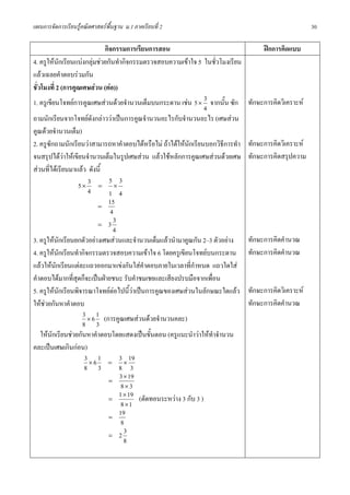 แผนการจัดการเรียนรูคณิตศาสตรพื้นฐาน ม.1 ภาคเรียนที่ 2                                                30

                              กิจกรรมการเรียนการสอน                                  ฝกการคิดแบบ
4. ครูใหนักเรียนแบงกลุมชวยกันทํากิจกรรมตรวจสอบความเขาใจ 5 ในชั่วโมงเรียน
แลวเฉลยคําตอบรวมกัน
ชั่วโมงที่ 2 (การคูณเศษสวน (ตอ))
1. ครูเขียนโจทยการคูณเศษสวนดวยจํานวนเต็มบนกระดาน เชน 5 × 3 จากนั้น ซัก      ทักษะการคิดวิเคราะห
                                                                   4
ถามนักเรียนจากโจทยดังกลาววาเปนการคูณจํานวนอะไรกับจํานวนอะไร (เศษสวน
คูณดวยจํานวนเต็ม)
2. ครูซกถามนักเรียนวาสามารถหาคําตอบไดหรือไม ถาไดใหนักเรียนบอกวิธีการทํา
        ั                                                                       ทักษะการคิดวิเคราะห
จนสรุปไดวาใหเขียนจํานวนเต็มในรูปเศษสวน แลวใชหลักการคูณเศษสวนดวยเศษ      ทักษะการคิดสรุปความ
สวนที่ไดเรียนมาแลว ดังนี้
                                5 3
                   5× 3 = ×
                       4        1 4
                            =
                               15
                                4
                            = 3
                                 3
                                 4
3. ครูใหนกเรียนยกตัวอยางเศษสวนและจํานวนเต็มแลวนํามาคูณกัน 2–3 ตัวอยาง
            ั                                                                   ทักษะการคิดคํานวณ
4. ครูใหนักเรียนทํากิจกรรมตรวจสอบความเขาใจ 6 โดยครูเขียนโจทยบนกระดาน         ทักษะการคิดคํานวณ
แลวใหนักเรียนแตละแถวออกมาแขงกันใสคําตอบภายในเวลาที่กาหนด แถวใดใส
                                                              ํ
คําตอบไดมากที่สุดก็จะเปนฝายชนะ รับคําชมเชยและเสียงปรบมือจากเพื่อน
5. ครูใหนักเรียนพิจารณาโจทยตอไปนี้วาเปนการคูณของเศษสวนในลักษณะใดแลว      ทักษะการคิดวิเคราะห
ใหชวยกันหาคําตอบ                                                              ทักษะการคิดคํานวณ
                     3 × 6 1 (การคูณเศษสวนดวยจํานวนคละ)
                     8 3
    ใหนักเรียนชวยกันหาคําตอบโดยแสดงเปนขั้นตอน (ครูแนะนําวาใหทําจํานวน
คละเปนเศษเกินกอน)
                      3 × 6 1 = 3 × 19
                      8 3          8 3
                               =
                                   3 × 19
                                    8×3
                               =
                                   1 × 19 (ตัดทอนระหวาง 3 กับ 3 )
                                    8 ×1
                               =
                                   19
                                    8
                               = 2
                                     3
                                     8
 