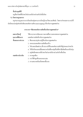 แผนการจัดการเรียนรูคณิตศาสตรพื้นฐาน ม.1 ภาคเรียนที่ 2                                                           33

        ขั้นประยุกตใช
        ครูเลือกโจทยที่นาสนใจนํามาอภิปรายรวมกันในชั้นเรียน
    7.2 กิจกรรมบูรณาการ
        ครูสามารถบูรณาการการเรียนกับกลุมสาระการเรียนรูภาษาไทย และศิลปะ โดยการกําหนดภาระงานให
นักเรียนแบงกลุมชวยกันเขียนแผนผังความคิด (mind mapping) เกี่ยวกับการคูณเศษสวน

                             ภาระงาน “เขียนแผนผังความคิดเกี่ยวกับการคูณเศษสวน”

         ผลการเรียนรู              ใชกระบวนการเขียนและวาดภาพสื่อความหมายของการคูณเศษสวน
         ผลงานที่ตองการ            แผนผังความคิดเกี่ยวกับการคูณเศษสวน
         ขั้นตอนการทํางาน           1. ศึกษาและสรุปความรูเกี่ยวกับการคูณเศษสวน
                                    2. ออกแบบแผนผังความคิดที่จะสราง
                                    3. ใสรายละเอียดตางๆ ที่รวบรวมไดในแผนผังความคิดใหดูงายและนาสนใจ
                                                                                                
                                    4. ใหนักเรียนแลกเปลี่ยนผลงานกับเพื่อนกลุมอื่นเพื่อนําขอคิดเห็นมาปรับปรุง
                                    5. ครูคัดเลือกผลงานที่นาสนใจนํามาอภิปรายรวมกันในชั้นเรียน
         เกณฑการประเมิน            1. ความถูกตอง
                                    2. การใชคําถูกตองและเหมาะสม
                                    3. ความสะอาดเรียบรอยของชิ้นงาน
 