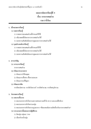 แผนการจัดการเรียนรูคณิตศาสตรพื้นฐาน ม.1 ภาคเรียนที่ 2                               36

                                            แผนการจัดการเรียนรูที่ 5
                                             เรื่อง การหารเศษสวน
                                                   เวลา 3 ชั่วโมง

1. เปาหมายการเรียนรู
    1.1 ผลการเรียนรู
        1) หาผลหารของเศษสวนที่กําหนดใหได
        2) อธิบายผลที่เกิดจากการหารเศษสวนได
        3) บอกความสัมพันธของการคูณและการหารเศษสวนได
    1.2 จุดประสงคการเรียนรู
        1) หาผลหารของเศษสวนที่กําหนดใหได
        2) อธิบายผลที่เกิดจากการหารเศษสวนได
        3) บอกความสัมพันธของการคูณและการหารเศษสวนได

2. สาระสําคัญ
   2.1 สาระการเรียนรู
       การหารเศษสวน
   2.2 ทักษะ/กระบวนการ
       1) ทักษะการใหเหตุผล
       2) ทักษะการสื่อสาร สื่อความหมาย
       3) ทักษะการแกปญหา
   2.3 ทักษะการคิด
       การคิดแปลความ การคิดวิเคราะห การคิดคํานวณ การคิดสรุปความ

3. รองรอยการเรียนรู
   3.1 ผลงาน/ชิ้นงาน
        1) ผลงานจากการทํากิจกรรมตรวจสอบความเขาใจ 10-12 และแบบฝกหัด 4
        2) ผลงานจากการทํากิจกรรมกลุม
        3) ผลงานจากการทํากิจกรรมบูรณาการ “เขียนแผนผังความคิดเกี่ยวกับการหารเศษสวน”
   3.2 กระบวนการขั้นตอนการปฏิบัตงาน
                                  ิ
        1) จัดกลุม กลุมละ 3 คน
        2) เลือกหัวหนากลุม
 