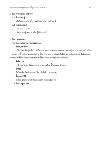 แผนการจัดการเรียนรูคณิตศาสตรพื้นฐาน ม.1 ภาคเรียนที่ 2                                            47

6. สื่อการเรียนรู/แหลงการเรียนรู
   6.1 สื่อการเรียนรู
        หนังสือเรียนรายวิชาพื้นฐาน คณิตศาสตร ม.1 ภาคเรียนที่ 2
   6.2 แหลงการเรียนรู
        - หองสมุดโรงเรียน
        - หองสมุดกลุมสาระการเรียนรูคณิตศาสตร

7. กิจกรรมเสนอแนะ
   7.1 กิจกรรมสงเสริมการคิดเชิงวิเคราะห
       ขั้นรวบรวมขอมูล
       ใหนักเรียนแบงกลุมสรางโจทยเกี่ยวกับการบวก ลบ คูณ หารเศษสวนระคน กลุมละ 5 ขอ ประกอบไปดวย
โจทยเศษสวนที่เปนจํานวนลบกับเศษสวนที่เปนจํานวนลบ เศษสวนที่เปนจํานวนบวกกับเศษสวนที่เปนจํานวนลบ
และเศษสวนที่เปนจํานวนบวกกับเศษสวนที่เปนจํานวนบวกและมีตัวสวนไมเทากัน
       ขั้นวิเคราะห
       ใหนักเรียนวิเคราะหขั้นตอนการหาคําตอบ พรอมทั้งใหเหตุผลประกอบ
       ขั้นสรุป
       นักเรียนเขียนโจทยและแสดงวิธีทํา จัดทําเปนรายงานสงครู
       ขั้นประยุกตใช
       ครูเลือกโจทยที่นาสนใจนํามาอภิปรายรวมกันในชั้นเรียน
   7.2 กิจกรรมบูรณาการ
         -
 