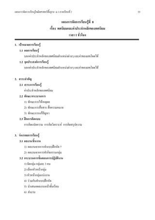 แผนการจัดการเรียนรูคณิตศาสตรพื้นฐาน ม.1 ภาคเรียนที่ 2                   55

                                          แผนการจัดการเรียนรูที่ 8
                                 เรื่อง ทศนิยมและคาประจําหลักของทศนิยม
                                               เวลา 1 ชั่วโมง

1. เปาหมายการเรียนรู
    1.1 ผลการเรียนรู
        บอกคาประจําหลักของทศนิยมตําแหนงตางๆ และคาของเลขโดดได
    1.2 จุดประสงคการเรียนรู
        บอกคาประจําหลักของทศนิยมตําแหนงตางๆ และคาของเลขโดดได

2. สาระสําคัญ
   2.1 สาระการเรียนรู
       คาประจําหลักของทศนิยม
   2.2 ทักษะ/กระบวนการ
       1) ทักษะการใหเหตุผล
       2) ทักษะการสื่อสาร สื่อความหมาย
       3) ทักษะการแกปญหา
   2.3 ฝกการคิดแบบ
       การคิดแปลความ การคิดวิเคราะห การคิดสรุปความ

3. รองรอยการเรียนรู
   3.1 ผลงาน/ชิ้นงาน
        1) ผลงานจากการทําแบบฝกหัด 7
        2) ผลงานจากการทํากิจกรรมกลุม
   3.2 กระบวนการขั้นตอนการปฏิบัตงาน ิ
        1) จัดกลุม กลุมละ 3 คน
        2) เลือกหัวหนากลุม
        3) หัวหนากลุมแบงงาน
        4) รวมกันทําแบบฝกหัด
        5) นําเสนอผลงานหนาชั้นเรียน
        6) สงงาน
 