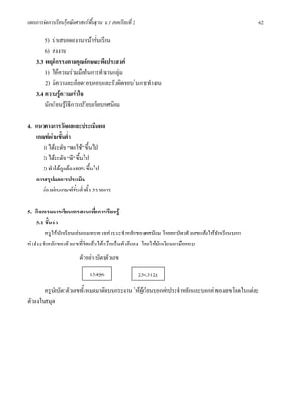 แผนการจัดการเรียนรูคณิตศาสตรพื้นฐาน ม.1 ภาคเรียนที่ 2                                        62

        5) นําเสนอผลงานหนาชั้นเรียน
        6) สงงาน
    3.3 พฤติกรรมตามคุณลักษณะพึงประสงค
        1) ใหความรวมมือในการทํางานกลุม
        2) มีความละเอียดรอบคอบและรับผิดชอบในการทํางาน
    3.4 ความรูความเขาใจ
        นักเรียนรูวิธีการเปรียบเทียบทศนิยม

4. แนวทางการวัดผลและประเมินผล
   เกณฑผานขั้นต่ํา
     1) ไดระดับ “พอใช” ขึ้นไป
     2) ไดระดับ “ดี” ขึ้นไป
     3) ทําไดถูกตอง 80% ขึ้นไป
   การสรุปผลการประเมิน
     ตองผานเกณฑขั้นต่ําทั้ง 3 รายการ

5. กิจกรรมการเรียนการสอนเพื่อการเรียนรู
    5.1 ขั้นนํา
        ครูใหนักเรียนเลนเกมทบทวนคาประจําหลักของทศนิยม โดยยกบัตรตัวเลขแลวใหนักเรียนบอก
คาประจําหลักของตัวเลขที่ขีดเสนใตหรือเปนตัวสีแดง โดยใหนักเรียนยกมือตอบ
                          ตัวอยางบัตรตัวเลข

                               15.496                     254.3128

       ครูนําบัตรตัวเลขทั้งหมดมาติดบนกระดาน ใหผูเรียนบอกคาประจําหลักและบอกคาของเลขโดดในแตละ
ตัวลงในสมุด
 