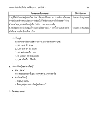 แผนการจัดการเรียนรูคณิตศาสตรพื้นฐาน ม.1 ภาคเรียนที่ 2                                             69

                               กิจกรรมการเรียนการสอน                                   ฝกการคิดแบบ
7. ครูใหนักเรียนแบงกลุมชวยกันหาขอสรุปในการเปลี่ยนหนวยจากเซนติเมตรเปนเมตร    ทักษะการคิดสรุปความ
จากมิลลิเมตรเปนเซนติเมตร และจากกรัมเปนกิโลกรัม นําเสนอหนาชั้นเรียนพรอมกับ
ตัวอยาง โดยครูและนักเรียนกลุมอื่นชวยกันตรวจสอบความถูกตอง
8. ครูและนักเรียนรวมกันสรุปเกี่ยวกับการเปลี่ยนหนวยตางๆ อีกครั้งกอนมอบหมายให   ทักษะการคิดสรุปความ
นักเรียนทําแบบฝกหัด 9 เปนการบาน

    5.3 ขั้นสรุป
        ครูและนักเรียนรวมกันสรุปความสัมพันธระหวางหนวยตางๆ ดังนี้
        1. 100 สตางค เปน 1 บาท
        2. 1,000 เมตร เปน 1 กิโลเมตร
        3. 100 เซนติเมตร เปน 1 เมตร
        4. 10 มิลลิเมตร เปน 1 เซนติเมตร
        5. 1,000 กรัม เปน 1 กิโลกรัม

6. สื่อการเรียนรู/แหลงการเรียนรู
   6.1 สื่อการเรียนรู
        หนังสือเรียนรายวิชาพื้นฐาน คณิตศาสตร ม.1 ภาคเรียนที่ 2
   6.2 แหลงการเรียนรู
        - หองสมุดโรงเรียน
        - หองสมุดกลุมสาระการเรียนรูคณิตศาสตร

7. กิจกรรมเสนอแนะ
   -
 