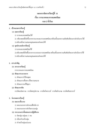 แผนการจัดการเรียนรูคณิตศาสตรพื้นฐาน ม.1 ภาคเรียนที่ 2                                             72

                                             แผนการจัดการเรียนรูที่ 11
                                        เรื่อง การบวกและการลบทศนิยม
                                                  เวลา 2 ชั่วโมง

1. เปาหมายการเรียนรู
    1.1 ผลการเรียนรู
        1) บวกและลบทศนิยมได
        2) อธิบายผลที่เกิดขึ้นจากการบวกและการลบทศนิยม พรอมทั้งบอกความสัมพันธของการดําเนินการได
        3) อธิบายถึงความสมเหตุสมผลของคําตอบได
    1.2 จุดประสงคการเรียนรู
        1) บวกและลบทศนิยมได
        2) อธิบายผลที่เกิดขึ้นจากการบวกและการลบทศนิยม พรอมทั้งบอกความสัมพันธของการดําเนินการได
        3) อธิบายถึงความสมเหตุสมผลของคําตอบได

2. สาระสําคัญ
   2.1 สาระการเรียนรู
       การบวกและการลบทศนิยม
   2.2 ทักษะ/กระบวนการ
       1) ทักษะการใหเหตุผล
       2) ทักษะการสื่อสาร สื่อความหมาย
       3) ทักษะการแกปญหา
   2.3 ทักษะการคิด
       การคิดแปลความ การคิดสรุปความ การคิดวิเคราะห การคิดคํานวณ การคิดสังเคราะห

3. รองรอยการเรียนรู
   3.1 ผลงาน/ชิ้นงาน
        1) ผลงานจากการทําแบบฝกหัด 10
        2) ผลงานจากการทํากิจกรรมกลุม
   3.2 กระบวนการขั้นตอนการปฏิบัตงาน
                                  ิ
        1) จัดกลุม กลุมละ 3 คน
        2) เลือกหัวหนากลุม
        3) หัวหนากลุมแบงงาน
 