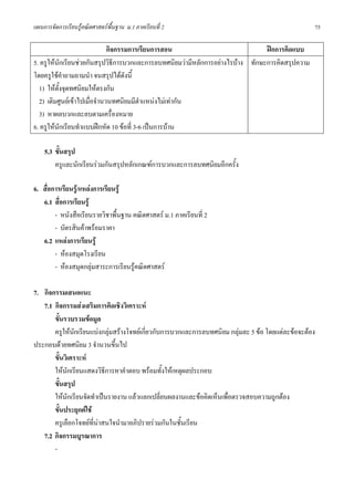 แผนการจัดการเรียนรูคณิตศาสตรพื้นฐาน ม.1 ภาคเรียนที่ 2                                             75

                              กิจกรรมการเรียนการสอน                              ฝกการคิดแบบ
5. ครูใหนักเรียนชวยกันสรุปวิธีการบวกและการลบทศนิยมวามีหลักการอยางไรบาง ทักษะการคิดสรุปความ
โดยครูใชคําถามถามนํา จนสรุปไดดังนี้
  1) ใหตั้งจุดทศนิยมใหตรงกัน
  2) เติมศูนยเขาไปเมื่อจํานวนทศนิยมมีตําแหนงไมเทากัน
  3) หาผลบวกและลบตามเครื่องหมาย
6. ครูใหนักเรียนทําแบบฝกหัด 10 ขอที่ 3-6 เปนการบาน

    5.3 ขั้นสรุป
        ครูและนักเรียนรวมกันสรุปหลักเกณฑการบวกและการลบทศนิยมอีกครั้ง

6. สื่อการเรียนรู/แหลงการเรียนรู
   6.1 สื่อการเรียนรู
        - หนังสือเรียนรายวิชาพื้นฐาน คณิตศาสตร ม.1 ภาคเรียนที่ 2
        - บัตรสินคาพรอมราคา
   6.2 แหลงการเรียนรู
        - หองสมุดโรงเรียน
        - หองสมุดกลุมสาระการเรียนรูคณิตศาสตร

7. กิจกรรมเสนอแนะ
   7.1 กิจกรรมสงเสริมการคิดเชิงวิเคราะห
       ขั้นรวบรวมขอมูล
       ครูใหนักเรียนแบงกลุมสรางโจทยเกี่ยวกับการบวกและการลบทศนิยม กลุมละ 5 ขอ โดยแตละขอจะตอง
ประกอบดวยทศนิยม 3 จํานวนขึ้นไป
       ขั้นวิเคราะห
       ใหนักเรียนแสดงวิธีการหาคําตอบ พรอมทั้งใหเหตุผลประกอบ
       ขั้นสรุป
       ใหนักเรียนจัดทําเปนรายงาน แลวแลกเปลี่ยนผลงานและขอคิดเห็นเพื่อตรวจสอบความถูกตอง
       ขั้นประยุกตใช
       ครูเลือกโจทยที่นาสนใจนํามาอภิปรายรวมกันในชั้นเรียน
   7.2 กิจกรรมบูรณาการ
       -
 