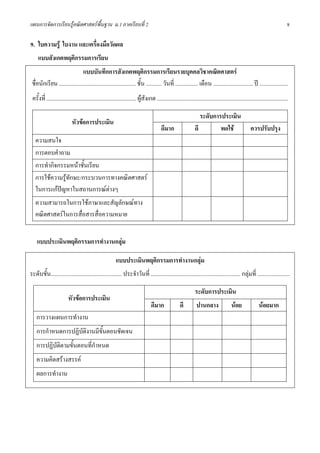 แผนการจัดการเรียนรูคณิตศาสตรพื้นฐาน ม.1 ภาคเรียนที่ 2                                                                                                                        8

9. ใบความรู ใบงาน และเครื่องมือวัดผล
     แบบสังเกตพฤติกรรมการเรียน
                               แบบบันทึกการสังเกตพฤติกรรมการเรียนรายบุคคลวิชาคณิตศาสตร
 ชื่อนักเรียน ...................................................... ชั้น ........... วันที่ ................ เดือน ............................ ป ....................
 ครั้งที่ ............................................................... ผูสังเกต ............................................................................................

                                                                                                                   ระดับการประเมิน
                            หัวขอการประเมิน
                                                                                         ดีมาก                  ดี         พอใช                      ควรปรับปรุง
   ความสนใจ
   การตอบคําถาม
   การทํากิจกรรมหนาชั้นเรียน
   การใชความรูทักษะ/กระบวนการทางคณิตศาสตร
   ในการแกปญหาในสถานการณตางๆ
   ความสามารถในการใชภาษาและสัญลักษณทาง
   คณิตศาสตรในการสื่อสารสื่อความหมาย


    แบบประเมินพฤติกรรมการทํางานกลุม

                                                          แบบประเมินพฤติกรรมการทํางานกลุม
ระดับชั้น.................................................. ประจําวันที่ ............................................................... กลุมที่ .......................

                                                                                                                ระดับการประเมิน
                         หัวขอการประเมิน
                                                                                  ดีมาก               ดี         ปานกลาง                 นอย               นอยมาก
    การวางแผนการทํางาน
    การกําหนดการปฏิบัติงานมีขั้นตอนชัดเจน
    การปฏิบัติตามขั้นตอนที่กําหนด
    ความคิดสรางสรรค
    ผลการทํางาน
 
