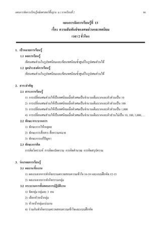 แผนการจัดการเรียนรูคณิตศาสตรพื้นฐาน ม.1 ภาคเรียนที่ 2                                              86

                                          แผนการจัดการเรียนรูที่ 13
                                 เรื่อง ความสัมพันธของเศษสวนและทศนิยม
                                               เวลา 2 ชั่วโมง

1. เปาหมายการเรียนรู
    1.1 ผลการเรียนรู
        เขียนเศษสวนในรูปทศนิยมและเขียนทศนิยมซ้ําศูนยในรูปเศษสวนได
    1.2 จุดประสงคการเรียนรู
        เขียนเศษสวนในรูปทศนิยมและเขียนทศนิยมซ้ําศูนยในรูปเศษสวนได

2. สาระสําคัญ
   2.1 สาระการเรียนรู
       1) การเปลี่ยนเศษสวนใหเปนทศนิยมเมื่อตัวเศษเปนจํานวนเต็มบวกและตัวสวนเปน 10
       2) การเปลี่ยนเศษสวนใหเปนทศนิยมเมื่อตัวเศษเปนจํานวนเต็มบวกและตัวสวนเปน 100
       3) การเปลี่ยนเศษสวนใหเปนทศนิยมเมื่อตัวเศษเปนจํานวนเต็มบวกและตัวสวนเปน 1,000
       4) การเปลี่ยนเศษสวนใหเปนทศนิยมเมื่อตัวเศษเปนจํานวนเต็มบวกและตัวสวนไมเปน 10, 100, 1,000, …
   2.2 ทักษะ/กระบวนการ
       1) ทักษะการใหเหตุผล
       2) ทักษะการสื่อสาร สื่อความหมาย
       3) ทักษะการแกปญหา
   2.3 ทักษะการคิด
       การคิดวิเคราะห การคิดแปลความ การคิดคํานวณ การคิดสรุปความ

3. รองรอยการเรียนรู
   3.1 ผลงาน/ชิ้นงาน
        1) ผลงานจากการทํากิจกรรมตรวจสอบความเขาใจ 16-18 และแบบฝกหัด 12-13
        2) ผลงานจากการทํากิจกรรมกลุม
   3.2 กระบวนการขั้นตอนการปฏิบัตงาน
                                  ิ
        1) จัดกลุม กลุมละ 3 คน
        2) เลือกหัวหนากลุม
        3) หัวหนากลุมแบงงาน
        4) รวมกันทํากิจกรรมตรวจสอบความเขาใจและแบบฝกหัด
 
