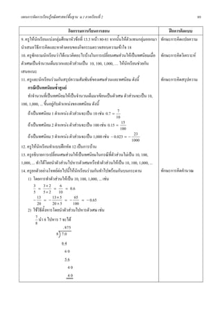 แผนการจัดการเรียนรูคณิตศาสตรพื้นฐาน ม.1 ภาคเรียนที่ 2                                                      89

                                  กิจกรรมการเรียนการสอน                                   ฝกการคิดแบบ
9. ครูใหนักเรียนแบงกลุมศึกษาหัวขอที่ 13.3 หนา 80-81 จากนั้นใหตัวแทนกลุมออกมา   ทักษะการคิดแปลความ
นําเสนอวิธีการคิดและหาคําตอบของกิจกรรมตรวจสอบความเขาใจ 18
10. ครูซักถามนักเรียนวาไดแนวคิดอะไรบางในการเปลี่ยนเศษสวนใหเปนทศนิยมเมื่อ        ทักษะการคิดวิเคราะห
ตัวเศษเปนจํานวนเต็มบวกและตัวสวนเปน 10, 100, 1,000, … ใหนักเรียนชวยกัน
เสนอแนะ
11. ครูและนักเรียนรวมกันสรุปความสัมพันธของเศษสวนและทศนิยม ดังนี้                   ทักษะการคิดสรุปความ
     กรณีเปนทศนิยมซ้ําศูนย
     ทําจํานวนที่เปนทศนิยมใหเปนจํานวนเต็มมาเขียนเปนตัวเศษ ตัวสวนจะเปน 10,
100, 1,000, ... ขึ้นอยูกับตําแหนงของทศนิยม ดังนี้
     ถาเปนทศนิยม 1 ตําแหนง ตัวสวนจะเปน 10 เชน 0.7 = 7
                                                            10
     ถาเปนทศนิยม 2 ตําแหนง ตัวสวนจะเปน 100 เชน 0.15 = 15
                                                               100
     ถาเปนทศนิยม 3 ตําแหนง ตัวสวนจะเปน 1,000 เชน − 0.023 = − 23
                                                                      1000
12. ครูใหนักเรียนทําแบบฝกหัด 12 เปนการบาน
13. ครูอธิบายการเปลี่ยนเศษสวนใหเปนทศนิยมในกรณีที่ตัวสวนไมเปน 10, 100,
1,000, ... ทําไดโดยนําตัวสวนไปหารตัวเศษหรือทําตัวสวนใหเปน 10, 100, 1,000, ...
14. ครูยกตัวอยางโจทยตอไปนี้ใหนกเรียนรวมกันทําไปพรอมกันบนกระดาน
                                       ั                                              ทักษะการคิดคํานวณ
     1) โดยการทําตัวสวนใหเปน 10, 100, 1,000, ... เชน
         3 = 3 × 2 = 6 = 0.6
         5 5 × 2 10
         −
            13 = − 13 × 5 = − 65 = − 0.65
            20        20 × 5         100
     2) ใชวิธตั้งหารโดยนําตัวสวนไปหารตัวเศษ เชน
               ี
           7 นํา 8 ไปหาร 7 จะได
           8
                              . 875
                          8 7.0
                           64
                            60
                            56
                              40
                              40
 