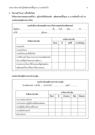 แผนการจัดการเรียนรูคณิตศาสตรพื้นฐาน ม.3 ภาคเรียนที่ 2                                               15

9. ใบความรู ใบงาน เครื่องมือวัดผล
   ใบกิจกรรมตรวจสอบความเขาใจ 2 (ดูในหนังสือเรียนแม็ค คณิตศาสตรพื้นฐาน ม. 3 ภาคเรียนที่ 2 หนา 8)
   แบบสังเกตพฤติกรรมการเรียน

                      แบบบันทึกการสังเกตพฤติกรรมการเรียนรายบุคคลวิชาคณิตศาสตร
     ชื่อผูเรียน…………………………………………………..ชั้น…….วันที่………เดือน…………….ป………..
     ครั้งที่……………………………………..ผูสังเกต…………………………………………………………….

                                                                            ระดับการประเมิน
                         หัวขอการประเมิน
                                                              ดีมาก      ดี       พอใช ควรปรับปรุง
          ความสนใจ
          การตอบคําถาม
          การทํากิจกรรมหนาชั้นเรียน
          การใชความรู ทักษะ/กระบวนการทางคณิตศาสตร
          ในการแกปญหาในสถานการณตาง ๆ
          ความสามารถในการใชภาษาและสัญลักษณทาง
          คณิตศาสตรในการสื่อสาร สื่อความหมาย


   แบบประเมินพฤติกรรมการทํางานกลุม

                                     แบบประเมินพฤติกรรมการทํางานกลุม
                  วิชาคณิตศาสตร ระดับชั้น……ประจําวันที่…………………….กลุมที่……………

                                                                         ระดับการประเมิน
                       หัวขอการประเมิน
                                                          ดีมาก       ดี   ปานกลาง นอย     นอยมาก
          การวางแผนการทํางาน
          การกําหนดการปฏิบัติงานมีขั้นตอนชัดเจน
          การปฏิบัติตามขั้นตอนที่กําหนด
          ความคิดสรางสรรค
          ผลการทํางาน
 