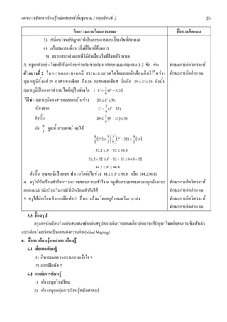 แผนการจัดการเรียนรูคณิตศาสตรพื้นฐาน ม.3 ภาคเรียนที่ 2                                                       26

                                 กิจกรรมการเรียนการสอน                                     ฝกการคิดแบบ
                3) เปลี่ยนโจทยปญหาใหเปนอสมการตามเงื่อนไขที่กําหนด
                4) แกอสมการเพื่อหาสิ่งที่โจทยตองการ
                 5) ตรวจสอบคําตอบที่ไดกับเงื่อนไขที่โจทยกําหนด
 3. ครูยกตัวอยางโจทยใหนักเรียนชวยกันชวยกันหาคําตอบบนกระดาน 1-2 ขอ เชน           ทักษะการคิดวิเคราะห
 ตัวอยางที่ 2 ในการทดลองทางเคมี สารละลายกรดไฮโดรคลอริกตองเก็บไวในชวง ทักษะการคิดคํานวณ
 อุณ หภู มิ ตั้งแต 29 องศาเซลเซียส ถึง 36 องศาเซลเซียส นั่ น คือ 29 ≤ C ≤ 36 ดังนั้ น
 อุณหภูมิเปนองศาฟาเรนไฮตอยูในชวงใด [ C = 9 ( F − 32) ]
                                                    5


 วิธีทํา อุณหภูมิของสารละลายอยูในชวง       29 ≤ C ≤ 36

         เนื่องจาก                            C=
                                                 5
                                                 9
                                                   ( F − 32)

       ดังนั้น                               29 ≤ (F − 32 ) ≤ 36
                                                 5
                                                 9
       นํา   9
             5
                 คูณทั้งสามพจน จะได
                                           9
                                             (29) ≤ 9 ⎛ 5 ⎞(F − 32) ≤ 9 (36)
                                                      ⎜ ⎟
                                           5        5⎝9⎠              5

                                            52.2 ≤ F − 32 ≤ 64.8

                                        52.2 + 32 ≤ F − 32 + 32 ≤ 64.8 + 32

                                            84.2 ≤ F ≤ 96.8
    ดังนั้น อุณหภูมิเปนองศาฟาเรนไฮตยูในชวง 84.2 ≤ F ≤ 96.8 หรือ [84.2,96.8]
 4. ครูใหนักเรียนทํากิจกรรมตรวจสอบความเขาใจ 9 ครูเดินตรวจสอบความถูกตองและ ทักษะการคิดวิเคราะห
 คอยแนะนํานักเรียนในกรณีที่นักเรียนทําไมได                                    ทักษะการคิดคํานวณ
 5. ครูใหนักเรียนทําแบบฝกหัด 2 เปนการบาน โดยครูกําหนดวันเวลาสง             ทักษะการคิดวิเคราะห
                                                                                ทักษะการคิดคํานวณ
   5.3 ขั้นสรุป
        ครูและนักเรียนรวมกันสนทนาชวยกันสรุปความคิดรวบยอดเกี่ยวกับการแกปญหาโจทยอสมการเชิงเสนตัว
แปรเดียวโดยเขียนเปนแผนผังความคิด (Mind Maping)
6. สื่อการเรียนรู/แหลงการเรียนรู
   6.1 สื่อการเรียนรู
         1) กิจกรรมตรวจสอบความเขาใจ 9
         2) แบบฝกหัด 2
   6.2 แหลงการเรียนรู
        1) หองสมุดโรงเรียน
        2) หองสมุดกลุมการเรียนรูคณิตศาสตร
 