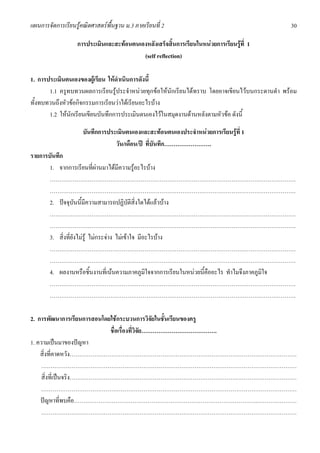 แผนการจัดการเรียนรูคณิตศาสตรพื้นฐาน ม.3 ภาคเรียนที่ 2                                         30

                   การประเมินและสะทอนตนเองหลังเสร็จสิ้นการเรียนในหนวยการเรียนรูที่ 1
                                          (self reflection)

1. การประเมินตนเองของผูเรียน ใหดําเนินการดังนี้
       1.1 ครูทบทวนผลการเรียนรูประจําหนวยทุกขอใหนักเรียนไดทราบ โดยอาจเขียนไวบนกระดานดํา พรอม
ทั้งทบทวนถึงหัวขอกิจกรรมการเรียนวาไดเรียนอะไรบาง
       1.2 ใหนักเรียนเขียนบันทึกการประเมินตนเองไวในสมุดงานดานหลังตามหัวขอ ดังนี้

                     บันทึกการประเมินตนเองและสะทอนตนเองประจําหนวยการเรียนรูที่ 1
                                                                             
                                 วัน/เดือน/ป ที่บันทึก…………………….
รายการบันทึก
       1. จากการเรียนที่ผานมาไดมีความรูอะไรบาง
       ………………………………………………………………………………………………………………….
       ………………………………………………………………………………………………………………….
       2. ปจจุบันนี้มีความสามารถปฏิบัติสิ่งใดไดแลวบาง
       ………………………………………………………………………………………………………………….
       ………………………………………………………………………………………………………………….
       3. สิ่งที่ยังไมรู ไมกระจาง ไมเขาใจ มีอะไรบาง
       ………………………………………………………………………………………………………………….
       ………………………………………………………………………………………………………………….
       4. ผลงานหรือชิ้นงานที่เนนความภาคภูมิใจจากการเรียนในหนวยนี้คืออะไร ทําไมจึงภาคภูมิใจ
       ………………………………………………………………………………………………………………….
       ………………………………………………………………………………………………………………….

2. การพัฒนาการเรียนการสอนโดยใชกระบวนการวิจัยในชั้นเรียนของครู
                            ชื่อเรื่องที่วิจัย………………………………….
1. ความเปนมาของปญหา
    สิ่งที่คาดหวัง…………………………………………………………………………………………………………
     ………………………………………………………………………………………………………………………
     สิ่งที่เปนจริง…………………………………………………………………………………………………………
     ………………………………………………………………………………………………………………………
    ปญหาที่พบคือ…………………………………………………………………………………….…………………
     ………………………………………………………………………………………………………………………
 