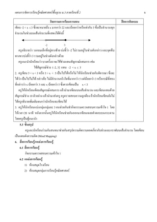 แผนการจัดการเรียนรูคณิตศาสตรพื้นฐาน ม.3 ภาคเรียนที่ 2                                                  6

                               กิจกรรมการเรียนการสอน                                     ฝกการคิดแบบ
เขียน -2 < x ≤ 3 ซึ่งจะหมายถึง x มากกวา 22 และนอยกวาหรือเทากับ 3 ซึ่งเปนจํานวนทุก
จํานวนในชวงบนเสนจํานวนที่แสดงไดดังนี้
                         o
                          -2              3
    ครูอธิบายวา วงกลมเล็กที่อยูทางซาย บงชี้วา -2 ไมรวมอยูในชวงดังกลาว และจุดทึบ
ทางขวาบงชี้วา 3 รวมอยูในชวงดังกลาวดวย
    ครูแนะนํานักเรียนวา บางครั้งเราจะใชชวงแทนสัญกรณอสมการ เชน
                  ใชสัญกรณชวง (–2, 3] แทน –2 < x ≤ 3
2. ครูเขียน 5 < x < 3 หรือ 3 > x < 5 เปนไปไดหรือไม ใหนักเรียนชวยกันพิจารณา ซึ่งจะ
ไดวา เปนไปไมได กลาวคือ ไมมีจํานวนจริงใดที่มากกวา 5 แตนอยกวา 3 หรือกรณีที่สอง
ที่กลาววา x นอยกวา 3 และ x นอยกวา 5 ซึ่งควรเขียนเปน x < 3
    ครูใหนักเรียนเขียนสัญกรณอสมการ แลวนํามาเขียนบนเสนจํานวน และเขียนแทนดวย
สัญกรณชวง 10 ตัวอยาง แลวนํามาสงครู ครูตรวจสอบความถูกตอง ถานักเรียนเขียนยังไม
ไดครูอธิบายเพิ่มเติมจนกวานักเรียนจะเขียนได
3. ครูใหนักเรียนแบงกลุมกลุมละ 3 คนชวยกันทํากิจกรรมตรวจสอบความเขาใจ 1 โดย
ใหเวลา 20 นาที หลังจากนั้นครูใหนักเรียนชวยกันออกมาเขียนเฉลยคําตอบบนกระดาน
โดยครูเปนผูแนะนํา
     5.3 ขั้นสรุป
           ครูและนักเรียนรวมกันสนทนาชวยกันสรุปความคิดรวบยอดเกี่ยวกับชวงและกราฟบนเสนจํานวน โดยเขียน
เปนแผนผังความคิด (Mind Mapping)
6. สื่อการเรียนรู/แหลงการเรียนรู
     6.1 สื่อการเรียนรู
           กิจกรรมตรวจสอบความเขาใจ 1
     6.2 แหลงการเรียนรู
          1) หองสมุดโรงเรียน
          2) หองสมุดกลุมการเรียนรูคณิตศาสตร
 