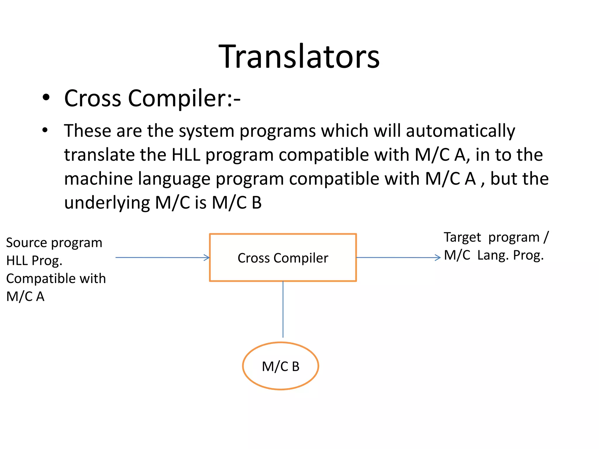 Translators
     • Cross Compiler:-
     • These are the system programs which will automatically
       translate the HLL program compatible with M/C A, in to the
       machine language program compatible with M/C A , but the
       underlying M/C is M/C B
Source program                                      Target program /
HLL Prog.                   Cross Compiler          M/C Lang. Prog.
Compatible with
M/C A



                               M/C B
 