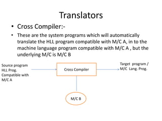 Translators
     • Cross Compiler:-
     • These are the system programs which will automatically
       translate the HLL program compatible with M/C A, in to the
       machine language program compatible with M/C A , but the
       underlying M/C is M/C B
Source program                                      Target program /
HLL Prog.                   Cross Compiler          M/C Lang. Prog.
Compatible with
M/C A



                               M/C B
 