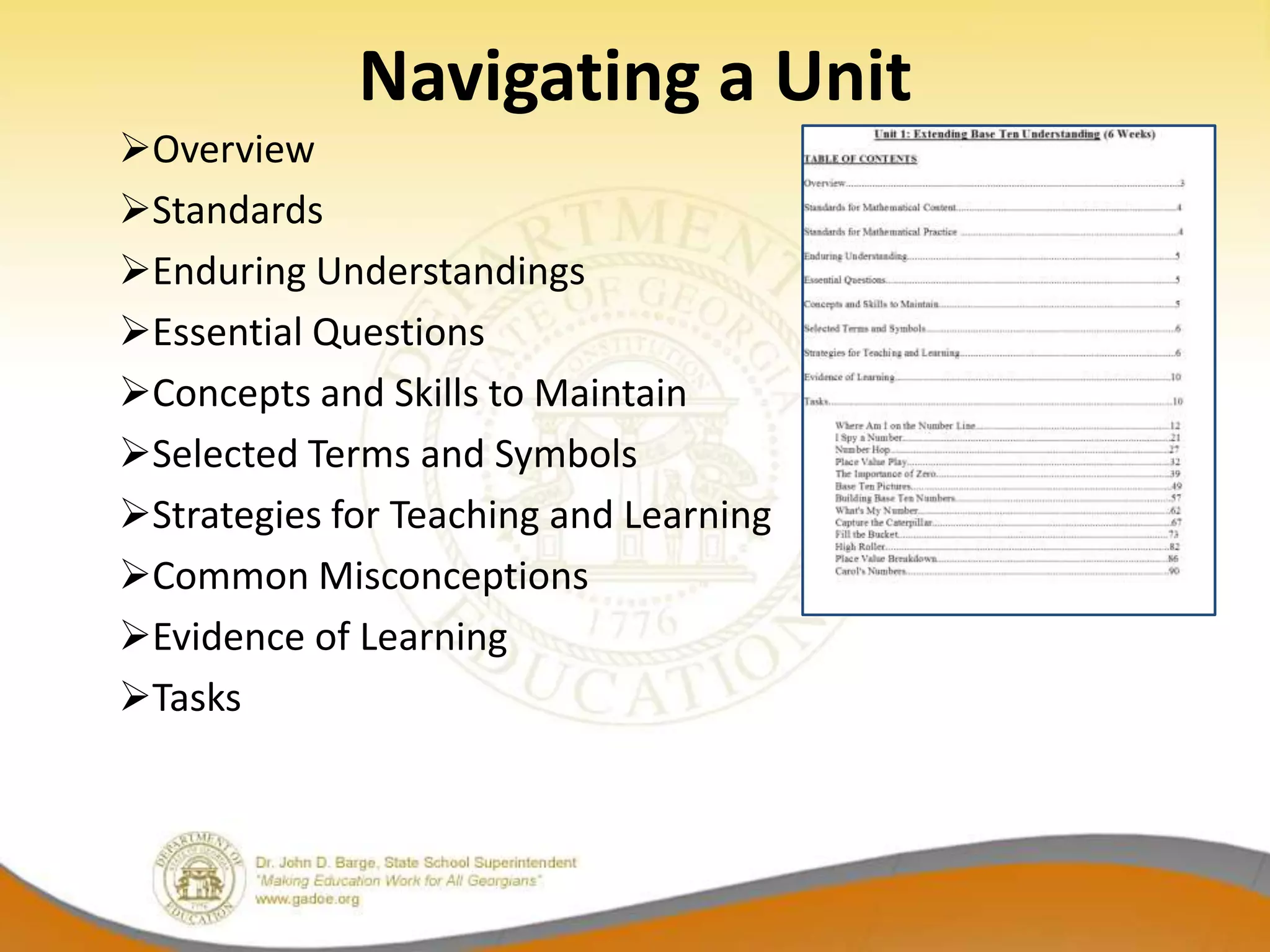 Navigating a Unit
Overview
Standards
Enduring Understandings
Essential Questions
Concepts and Skills to Maintain
Selected Terms and Symbols
Strategies for Teaching and Learning
Common Misconceptions
Evidence of Learning
Tasks
 