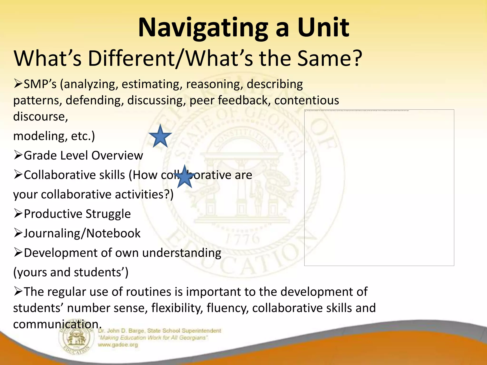 Navigating a Unit
What’s Different/What’s the Same?
SMP’s (analyzing, estimating, reasoning, describing
patterns, defending, discussing, peer feedback, contentious
discourse,
modeling, etc.)
Grade Level Overview
Collaborative skills (How collaborative are
your collaborative activities?)
Productive Struggle
Journaling/Notebook
Development of own understanding
(yours and students’)
The regular use of routines is important to the development of
students’ number sense, flexibility, fluency, collaborative skills and
communication.
 